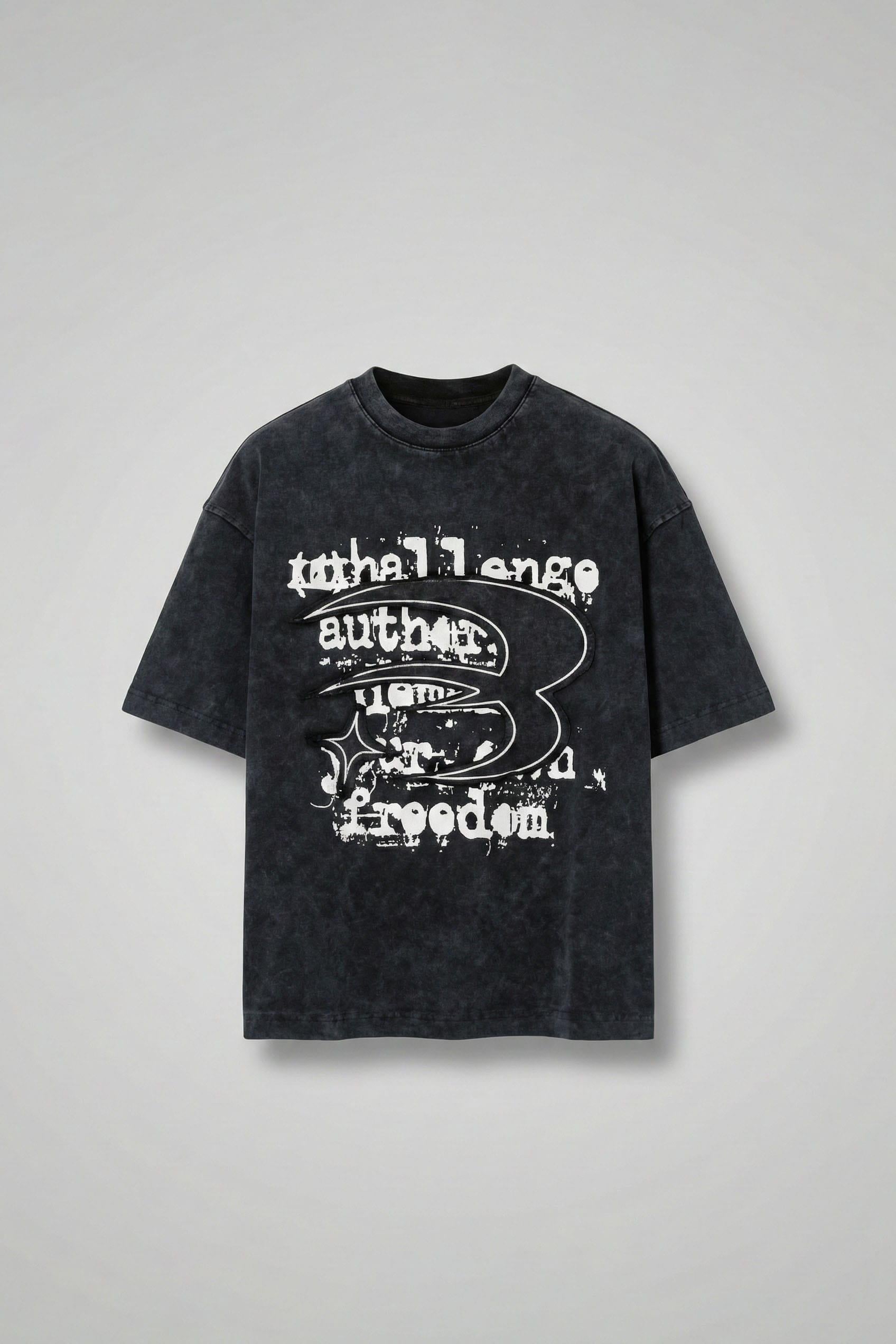 Erkek Yıkamalı İşlemeli Oversize Baskılı Premium T-Shirt Siyah