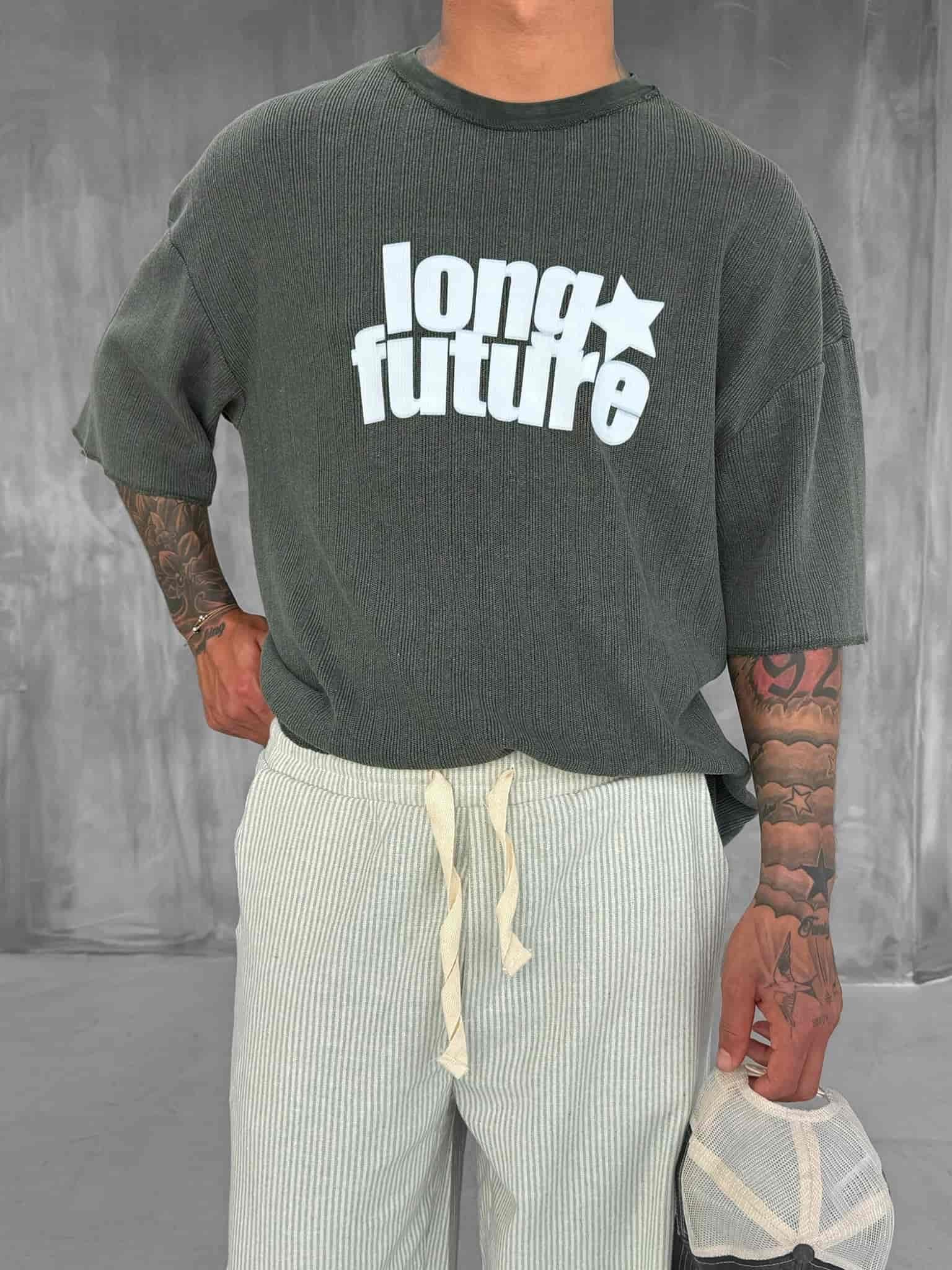 Erkek Yıkamalı Ribana Kumaş Oversize T-Shirt Haki Yeşil