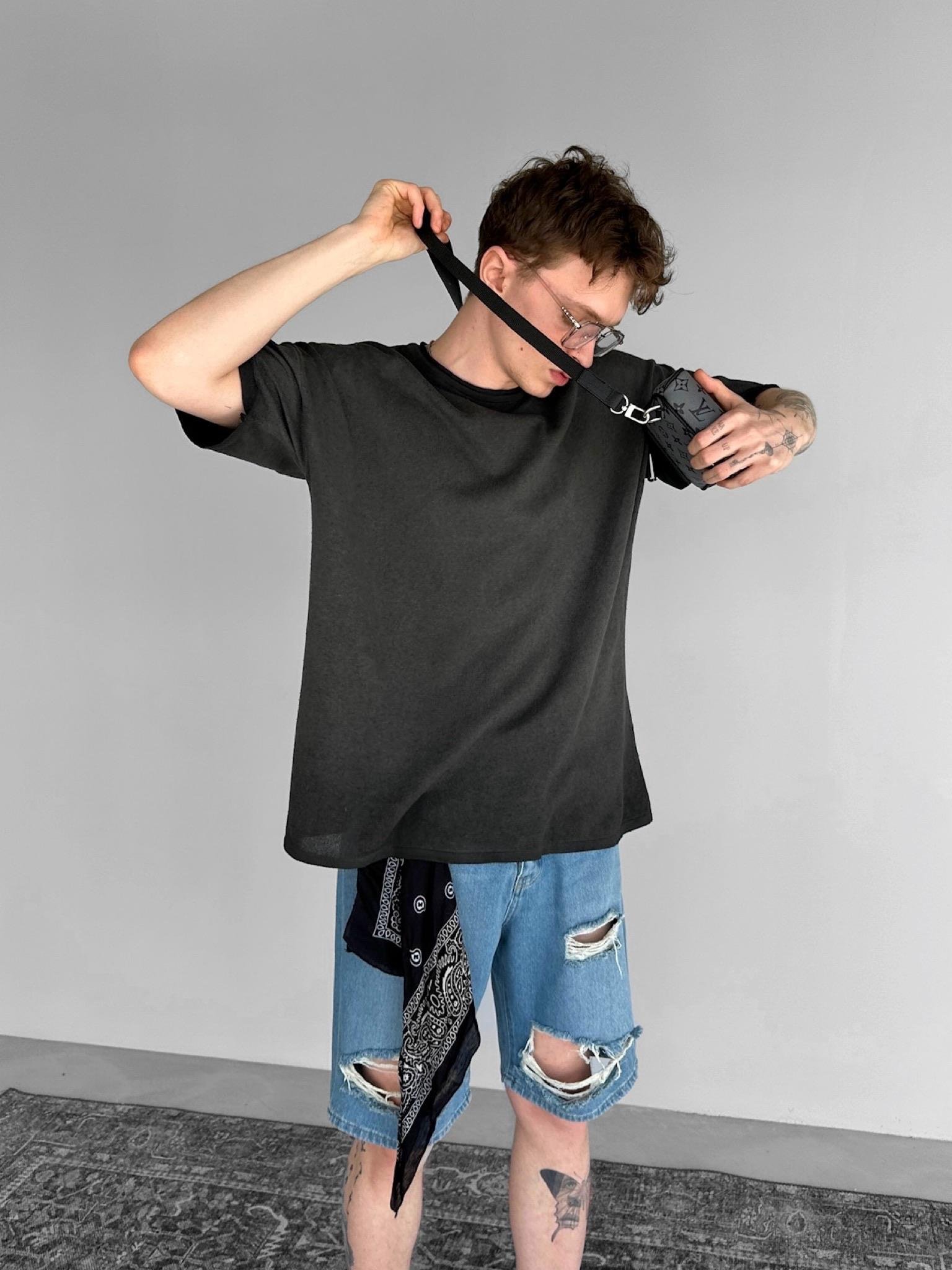 Erkek Oversize Yıkamalı Örme T-Shirt Siyah