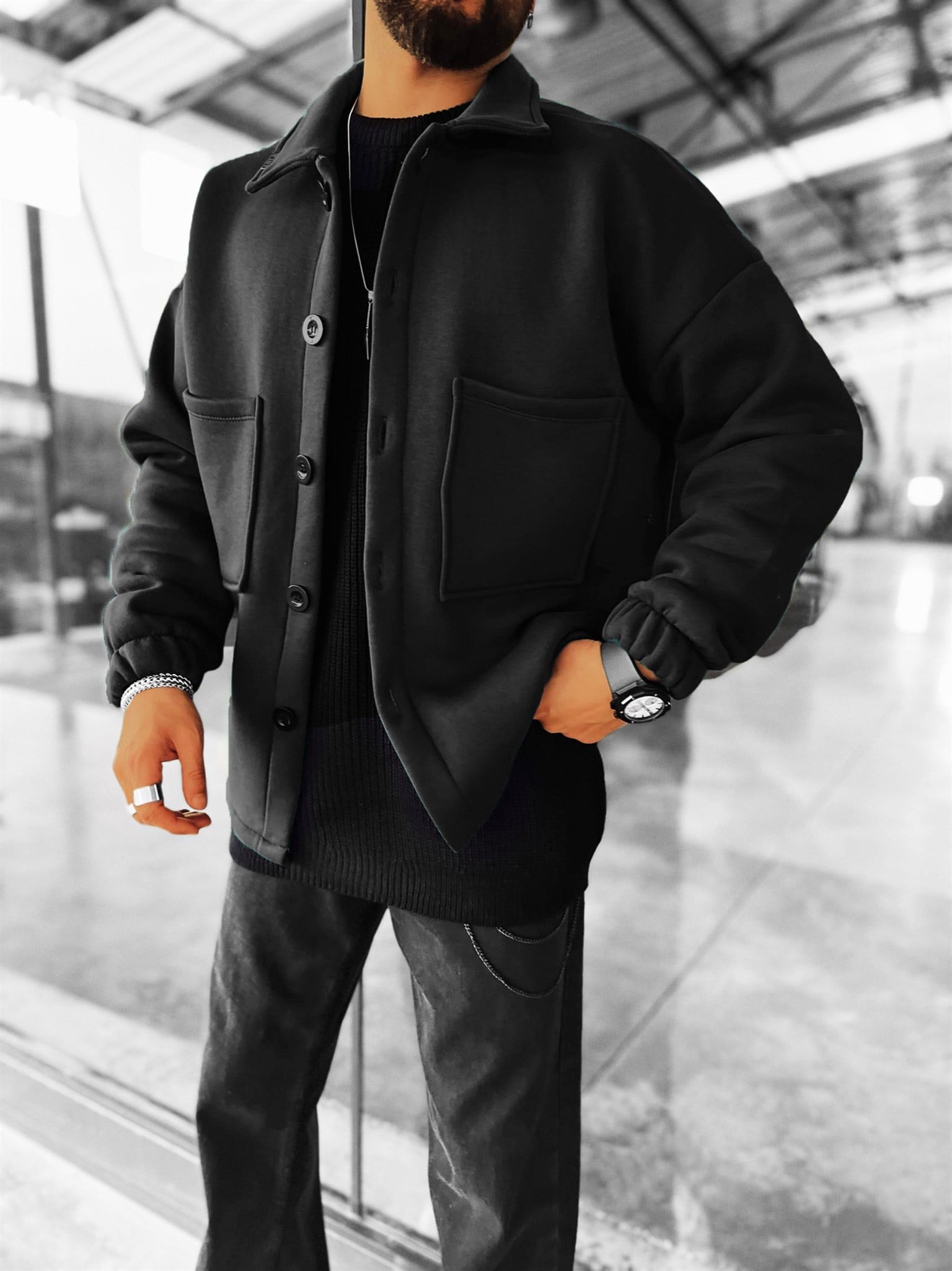 Erkek Oversize Basic Rahat Ceket Siyah