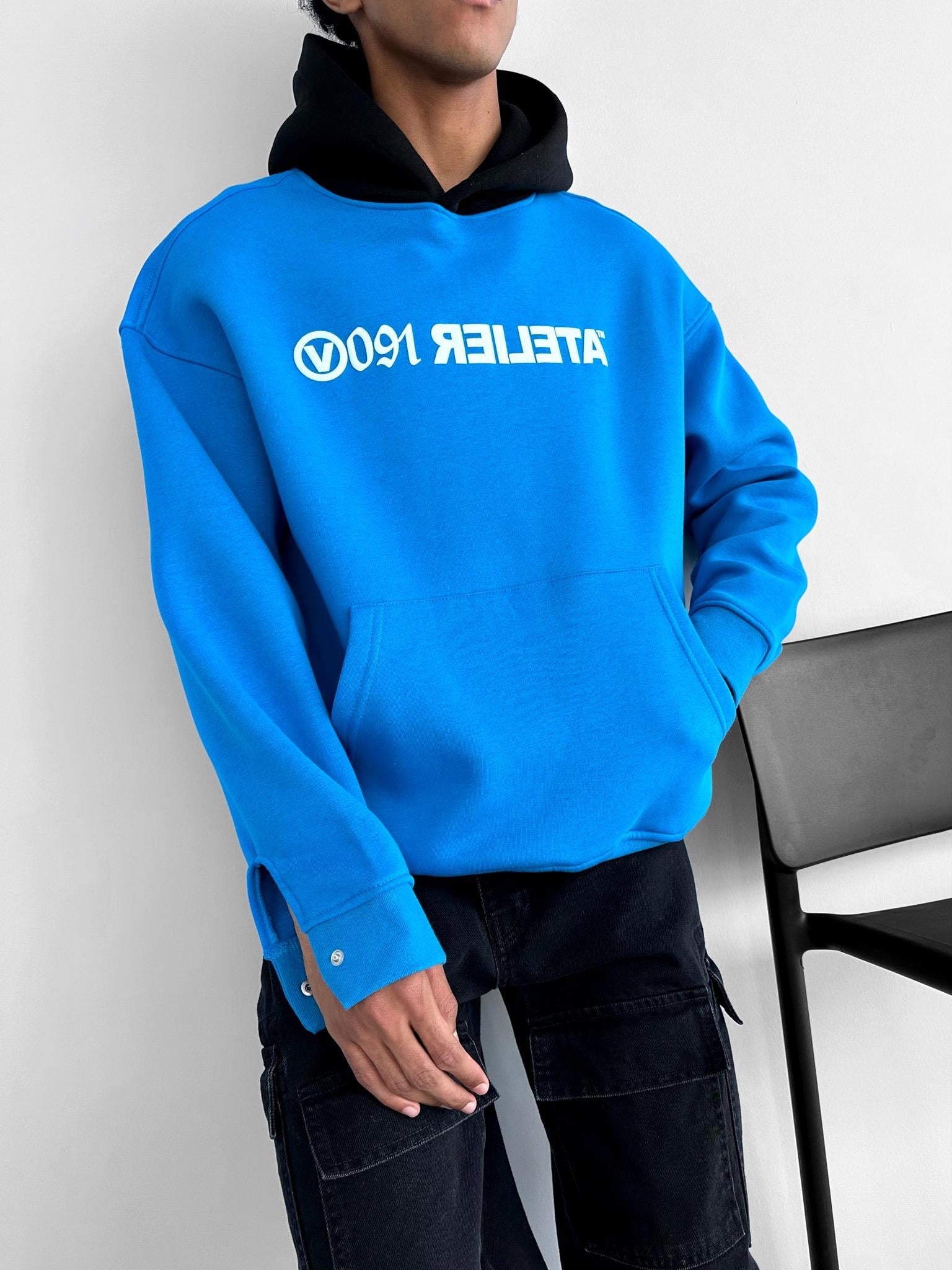 Erkek Oversize Baskılı Kapüşonlu Sweatshirt Mavi