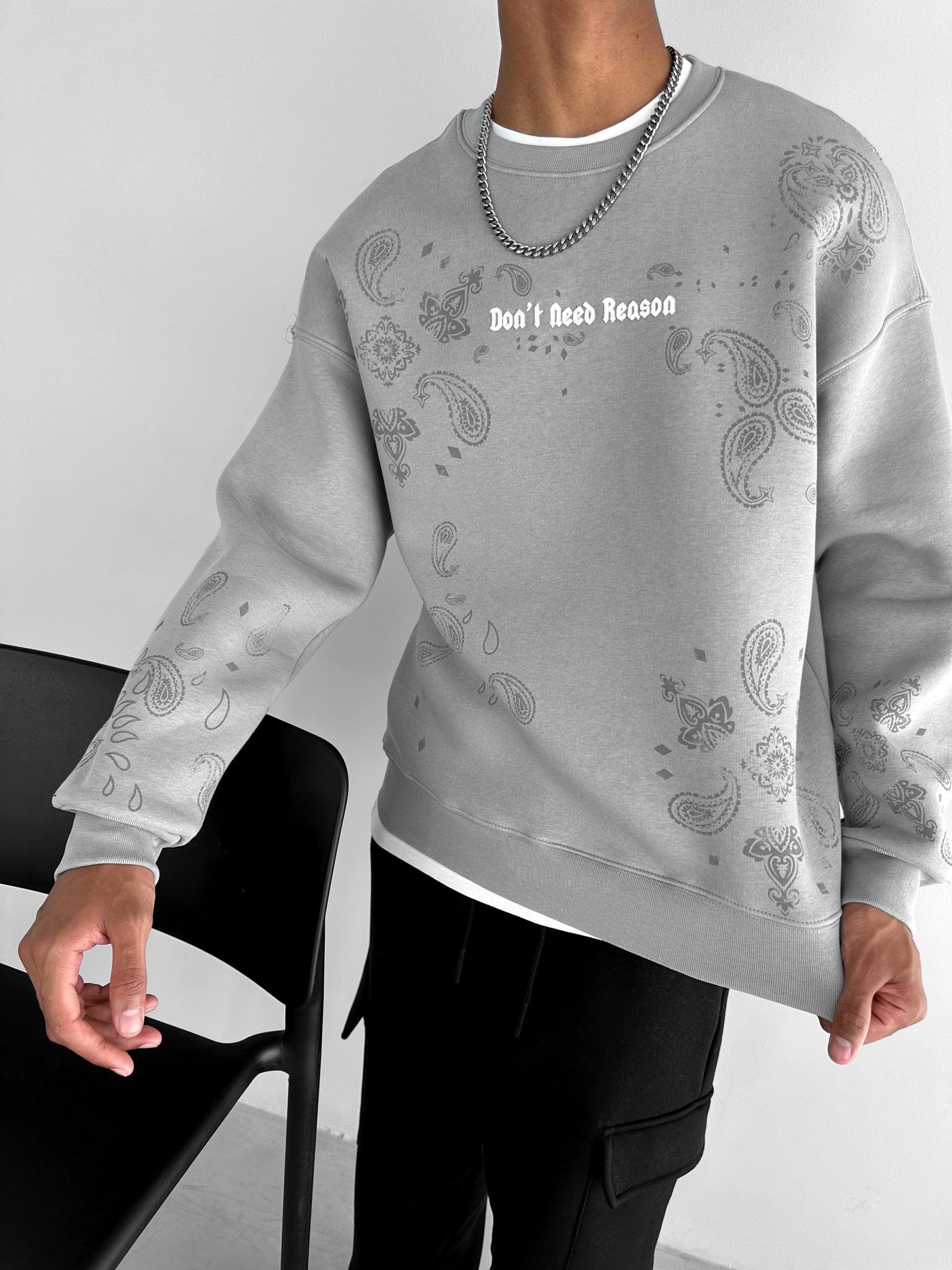 Erkek Oversize Baskılı Sweatshirt Gri