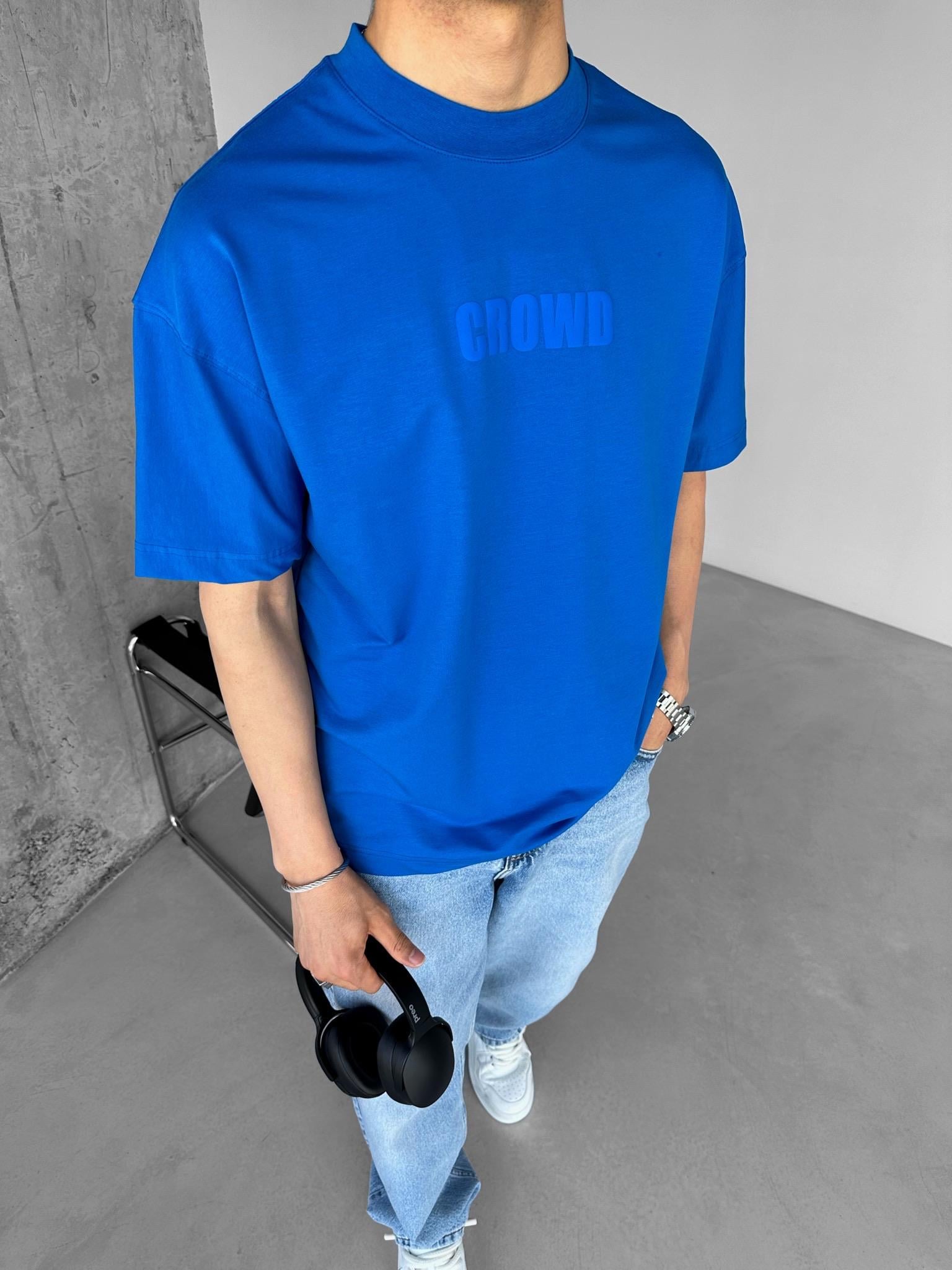 Erkek Oversize Bisiklet Yaka Crowd Baskılı T-Shirt İndigo