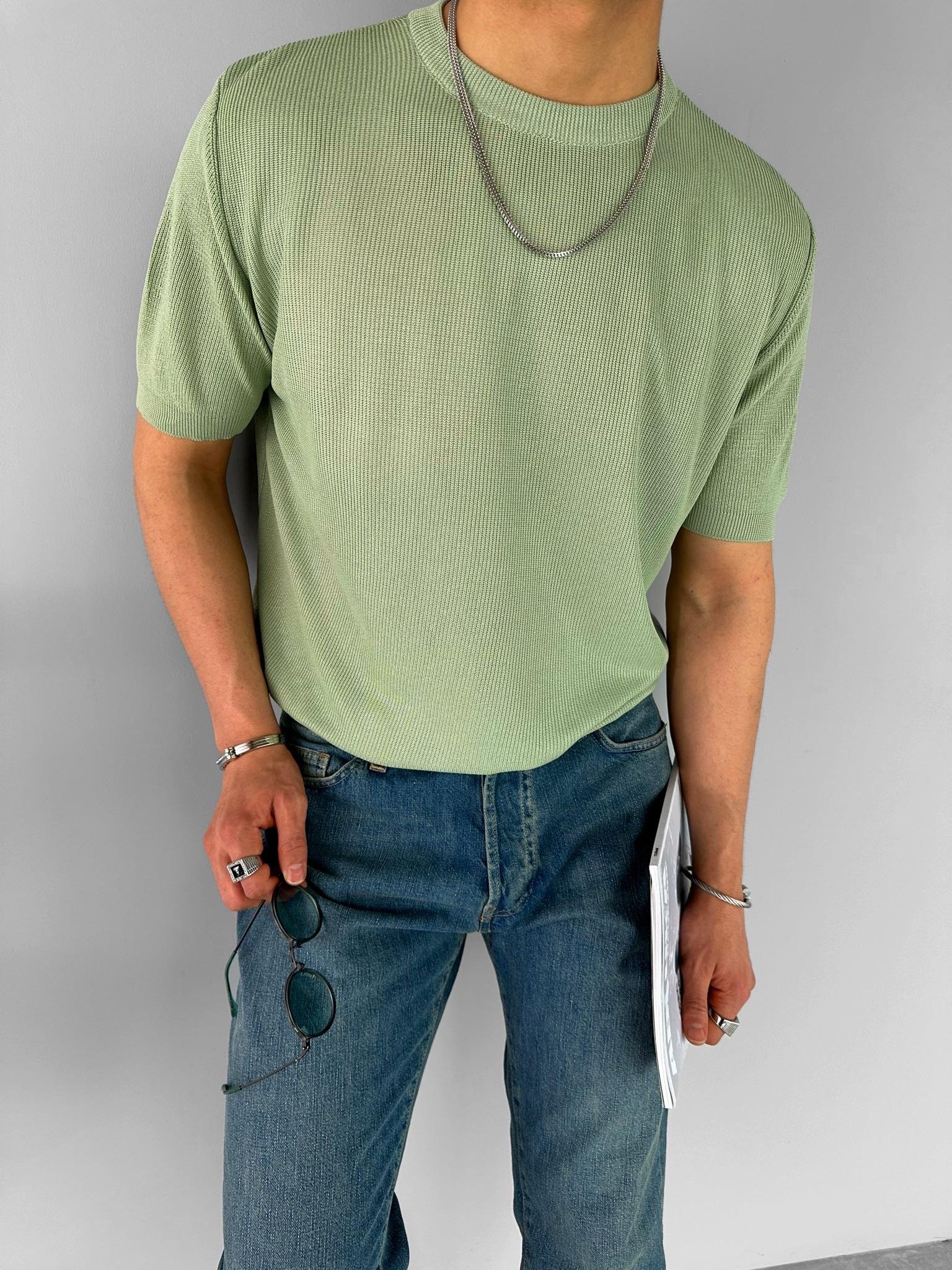 Erkek Regular Fit Bisiklet Yaka Esnek Triko T-Shirt Açık Yeşil