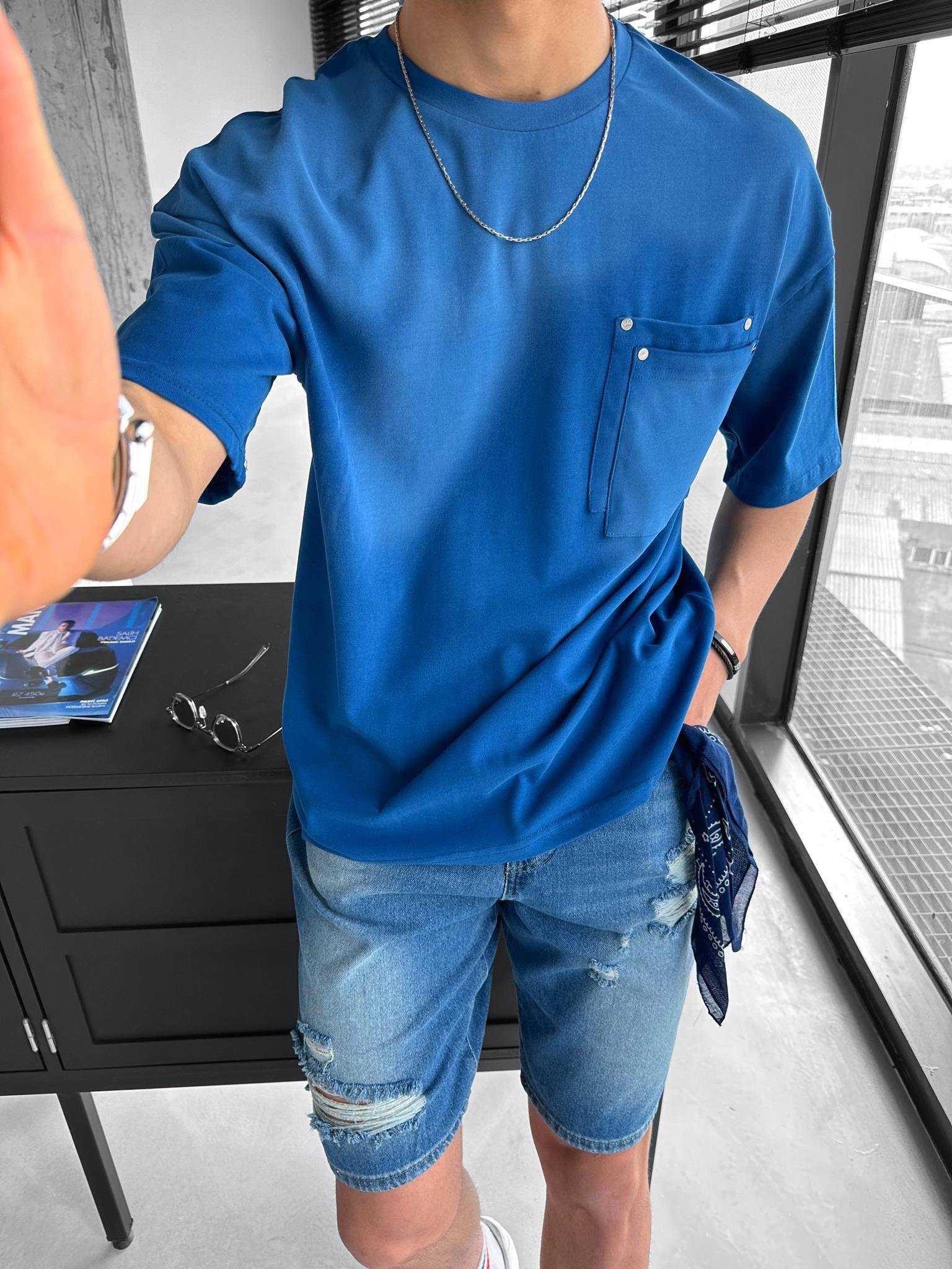 Erkek Oversize Çift Katman Cepli T-Shirt Mavi