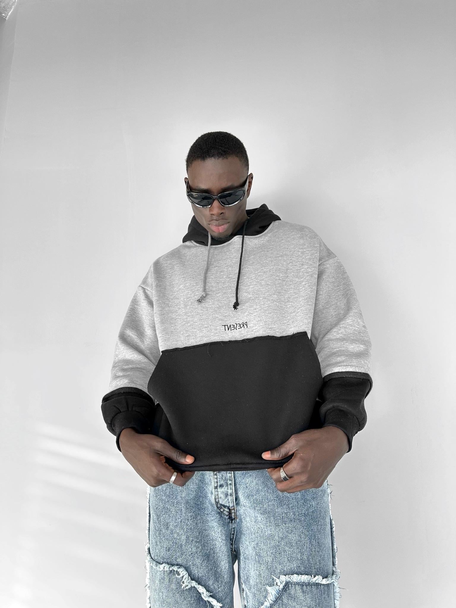 Erkek Oversize Çift Renkli Kapüşonlu Sweatshirt Gri