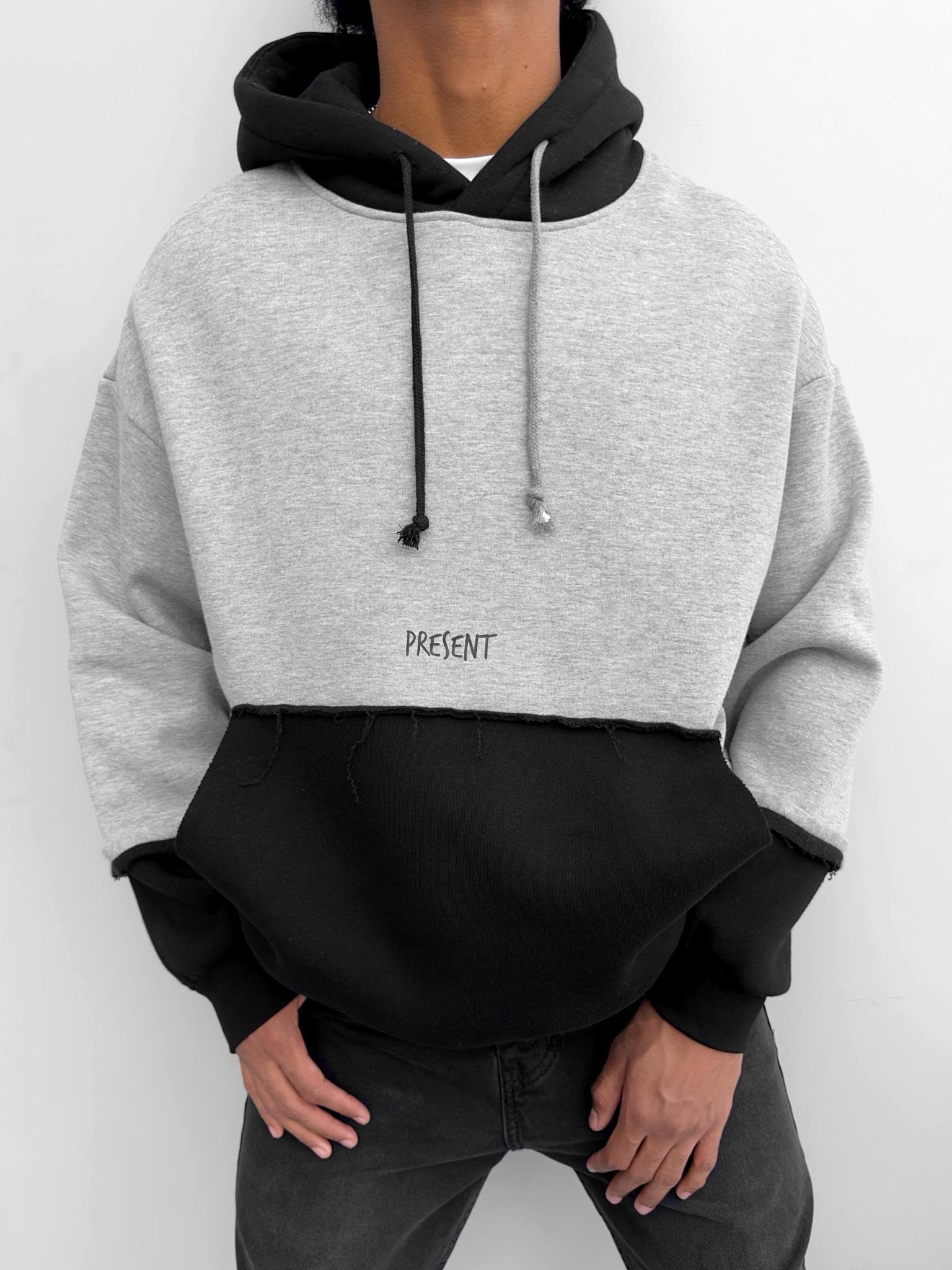 Erkek Oversize Çift Renkli Kapüşonlu Sweatshirt Gri
