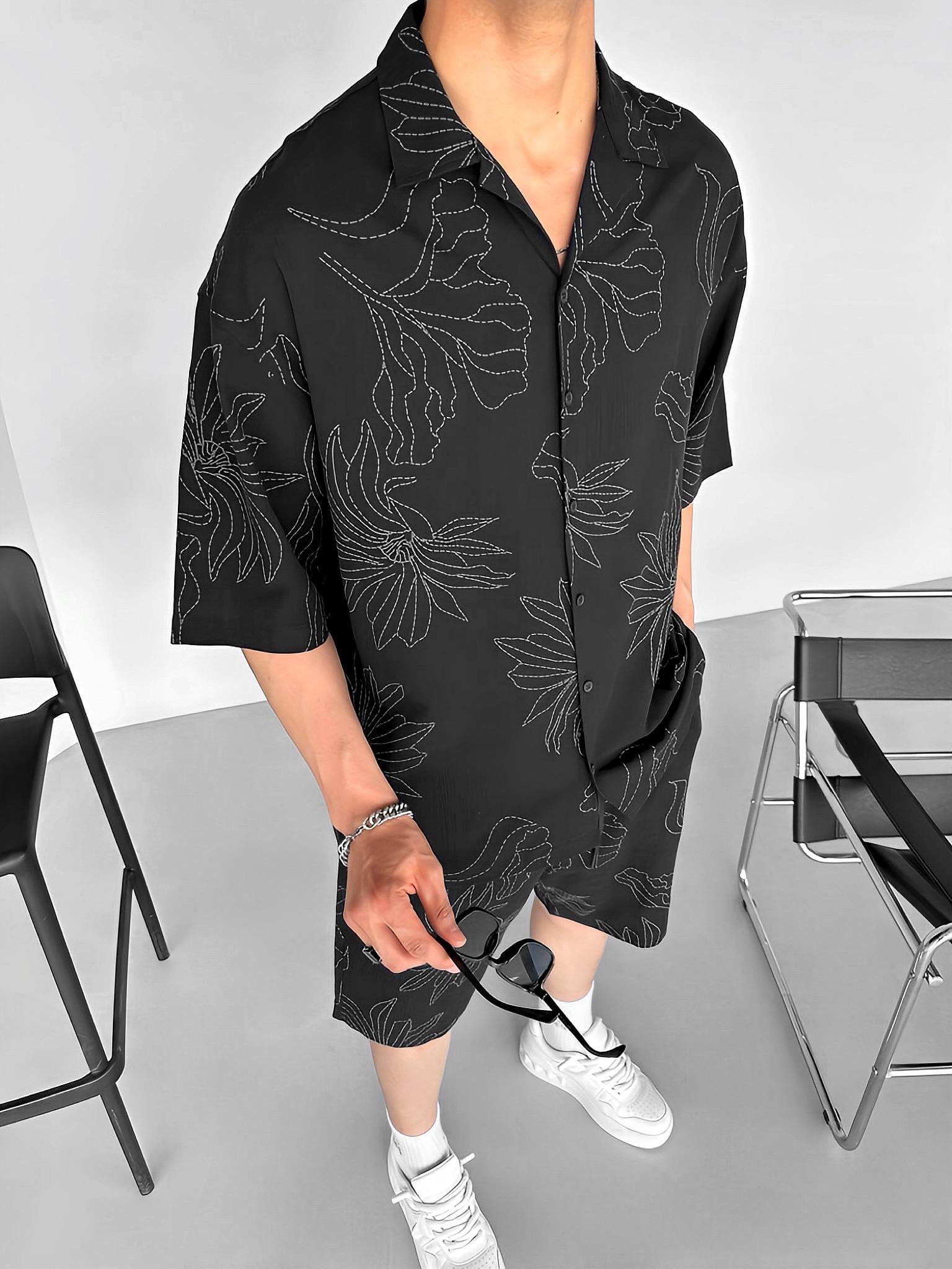 Erkek Oversize Desen Baskılı Gömlek Siyah
