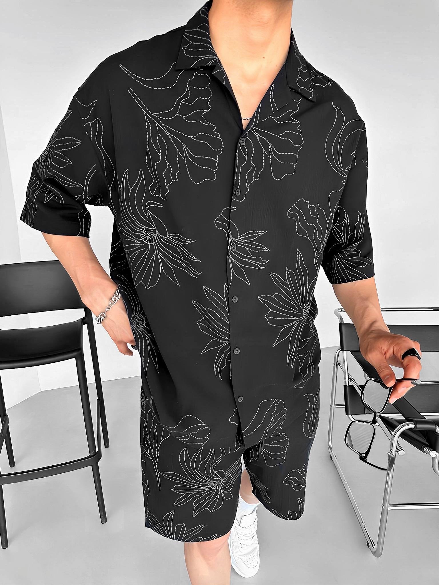 Erkek Oversize Desen Baskılı Gömlek Siyah