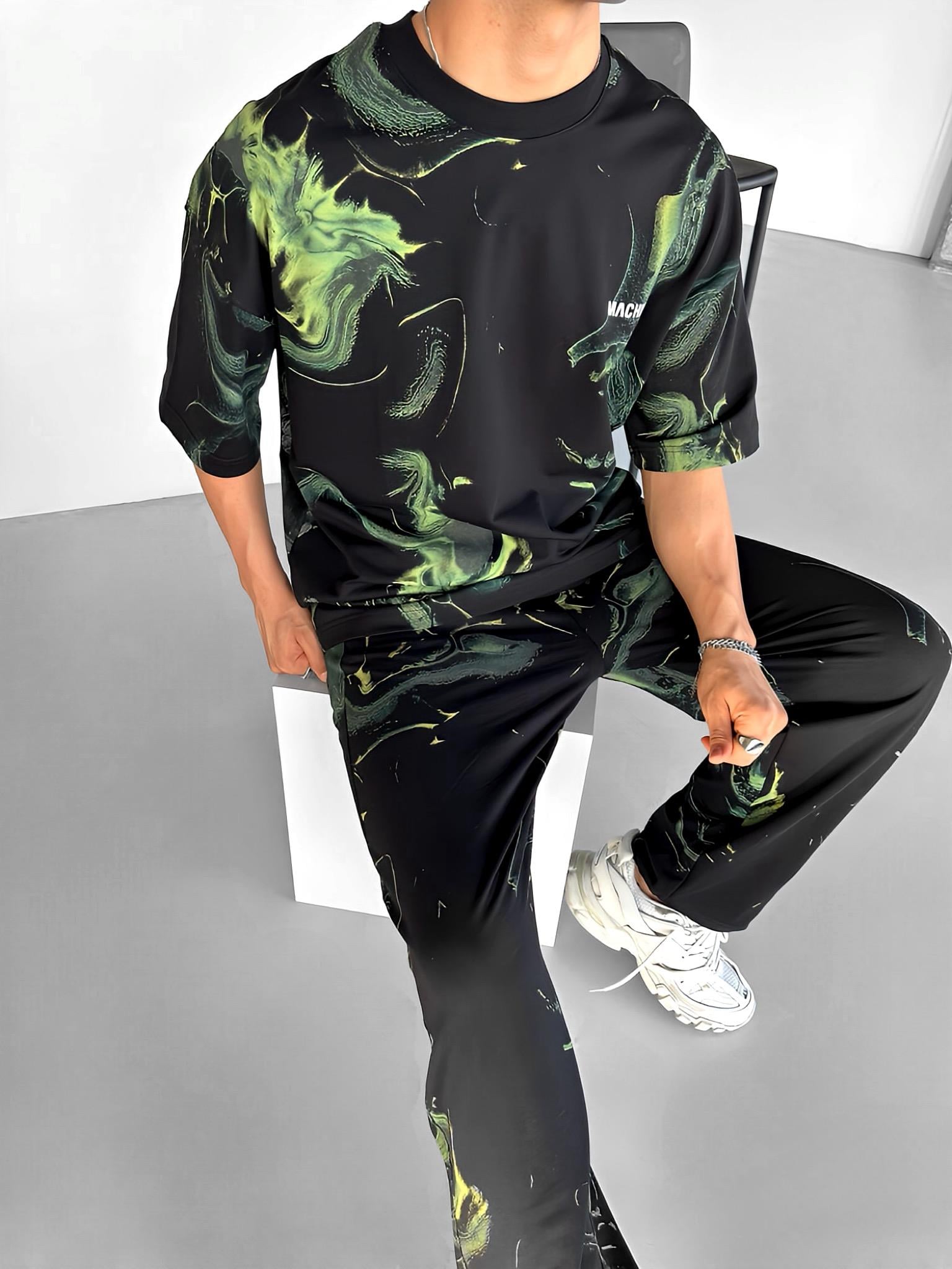 Erkek Oversize Desen Baskılı Premium T-Shirt Siyah