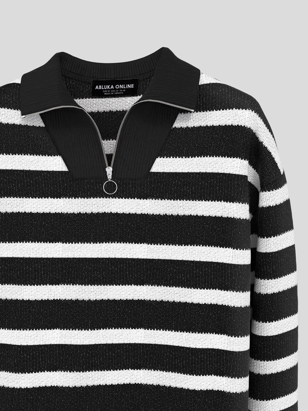 Erkek Oversize Fermuarlı Çizgili Kazak Siyah