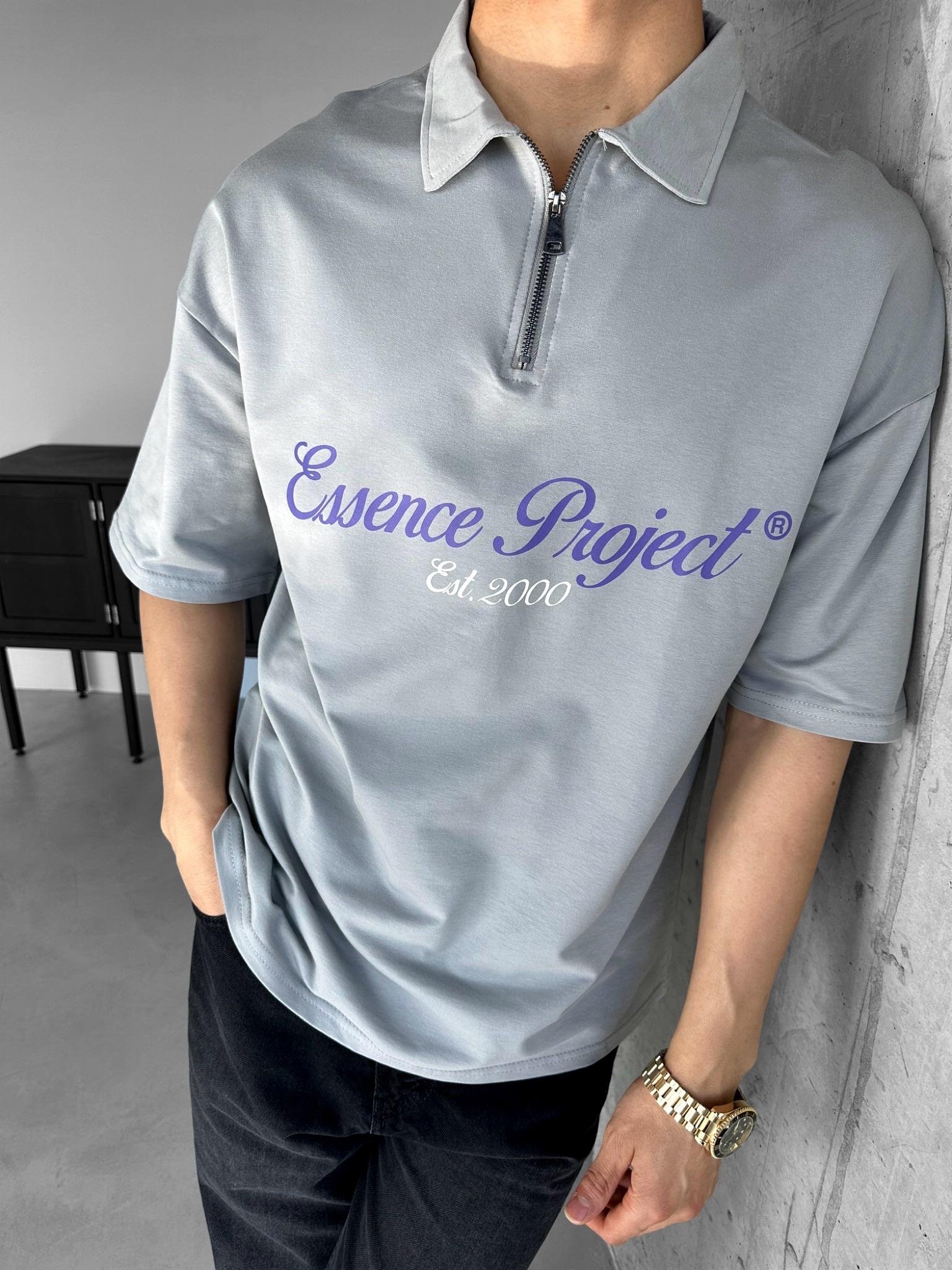 Erkek Oversize Fermuarlı Polo Yaka Baskılı T-Shirt Açık Gri
