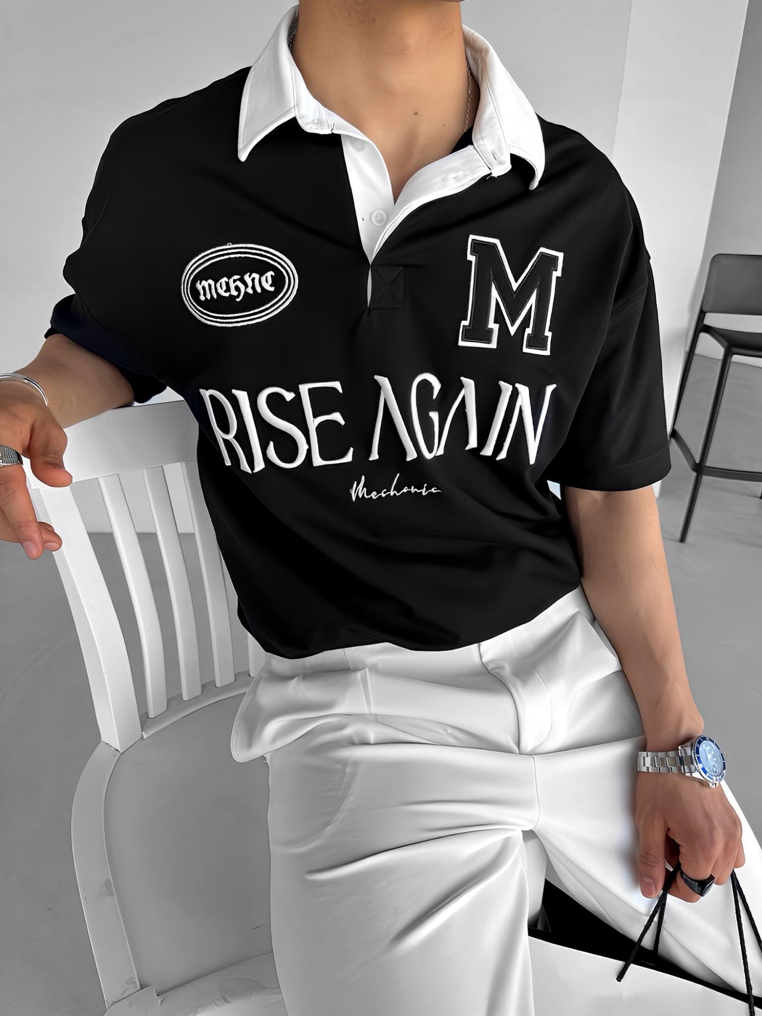 Erkek Oversize Fit Esnek 3 Düğmeli Polo Yaka Nakışlı T-Shirt Siyah