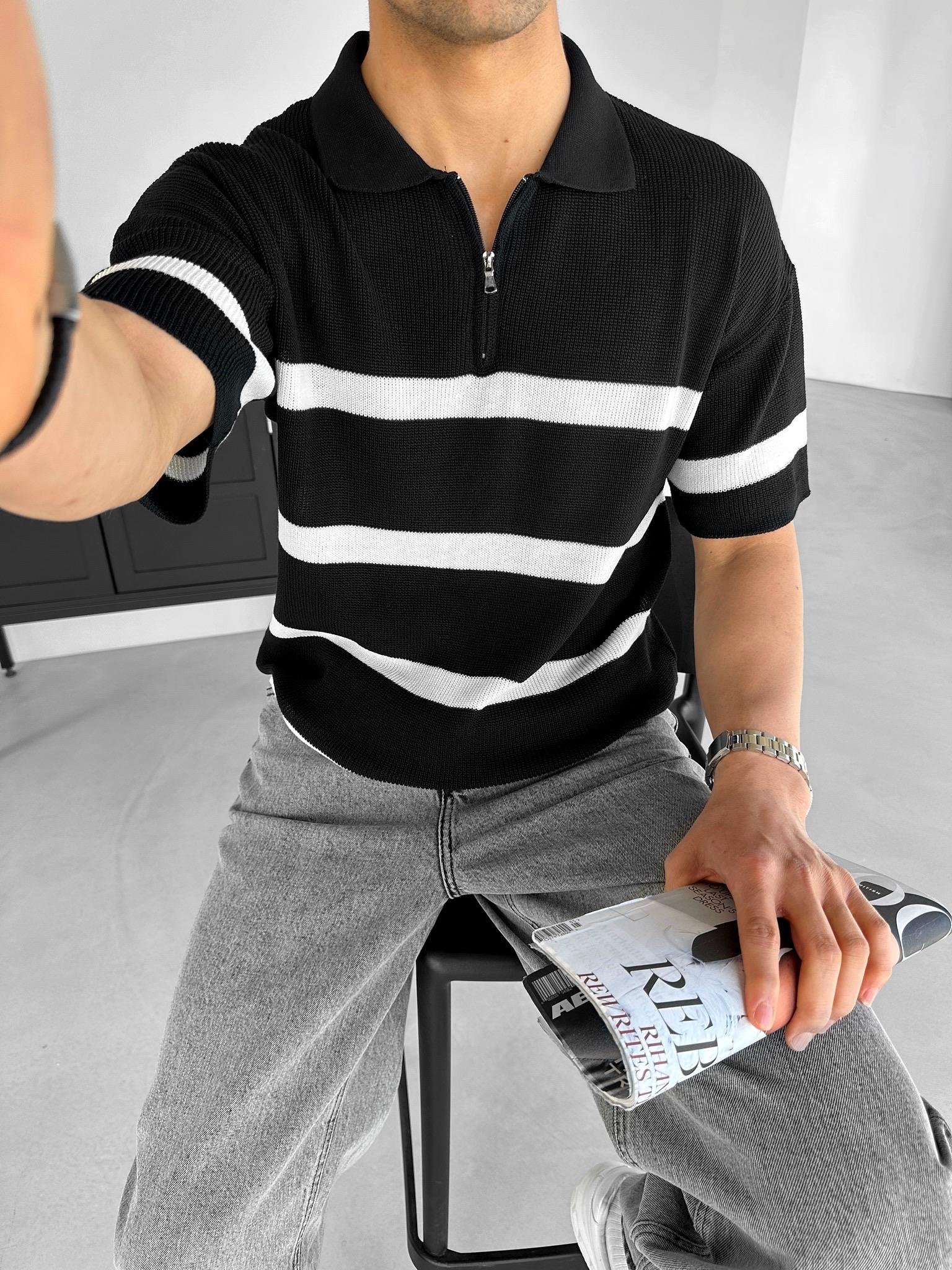Erkek Oversize Örme Triko Polo Yaka T-Shirt Siyah
