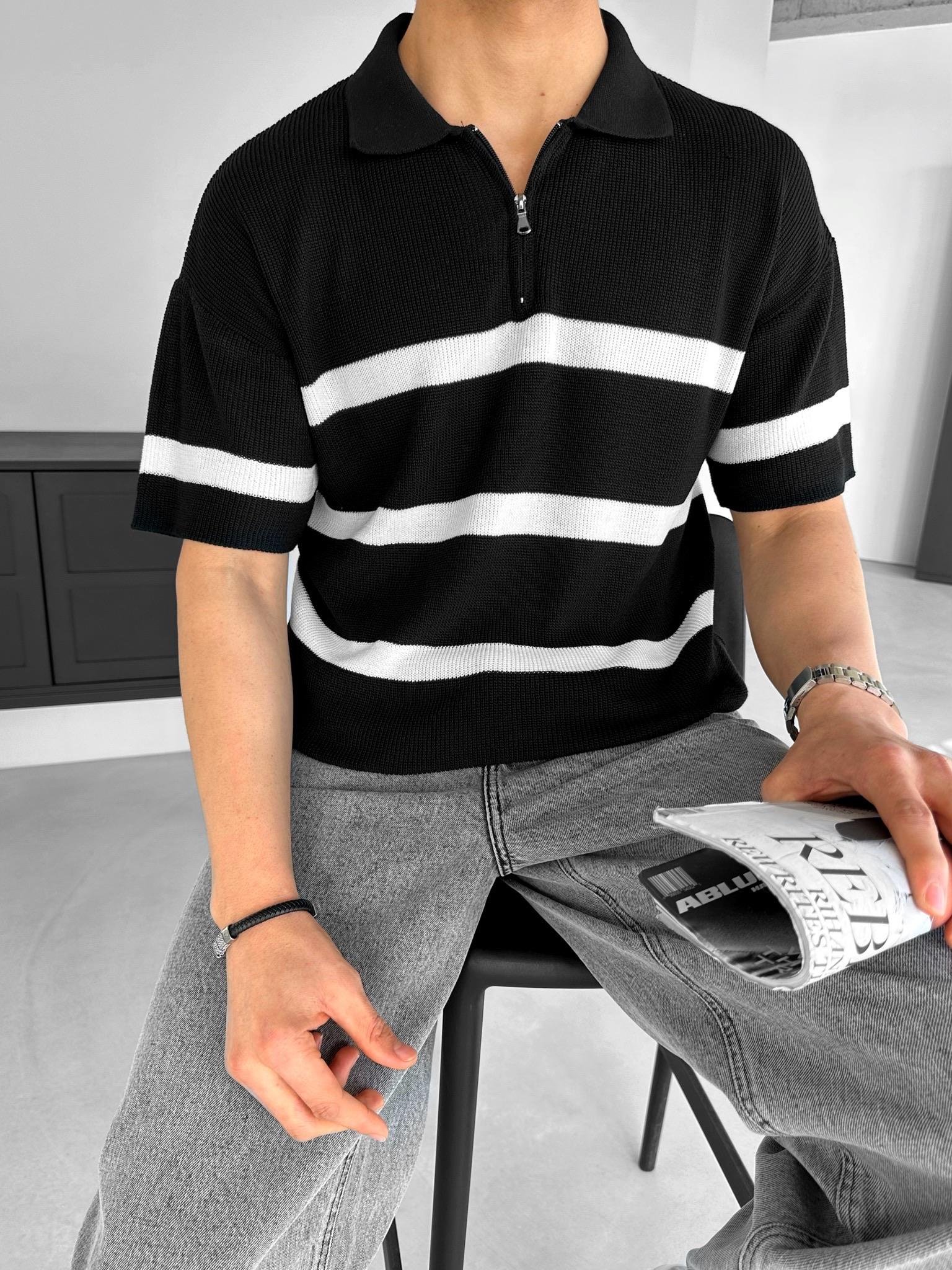 Erkek Oversize Örme Triko Polo Yaka T-Shirt Siyah