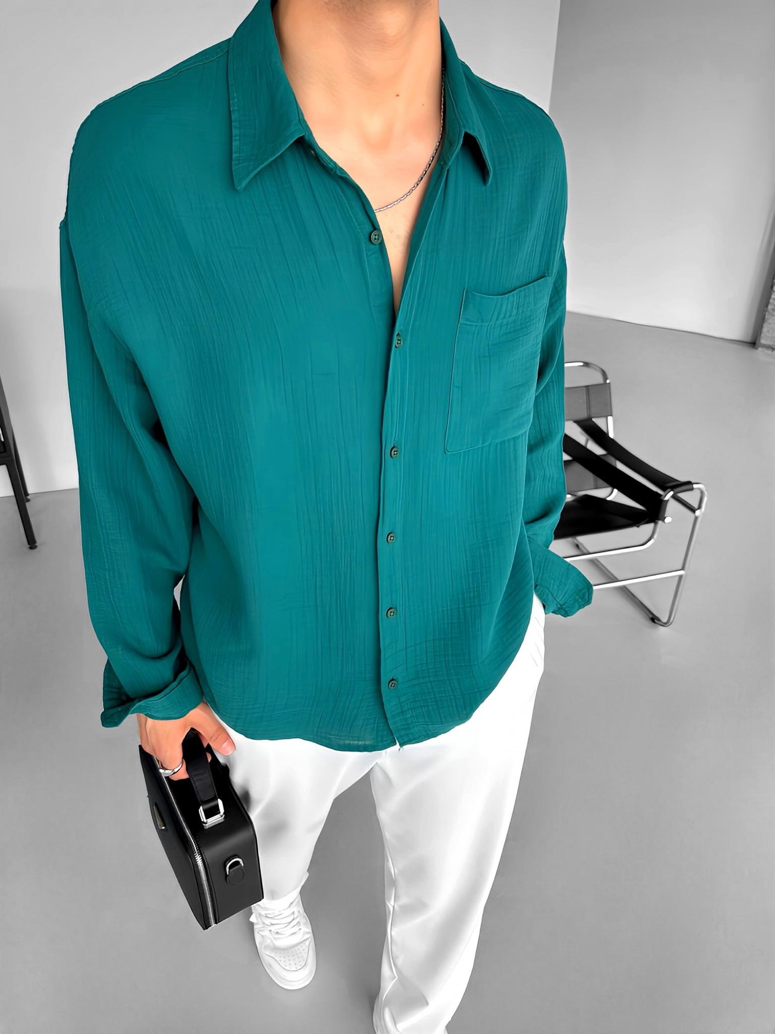 Erkek Oversize Fit Uzun Kollu Müslin Gömlek Koyu Yeşil