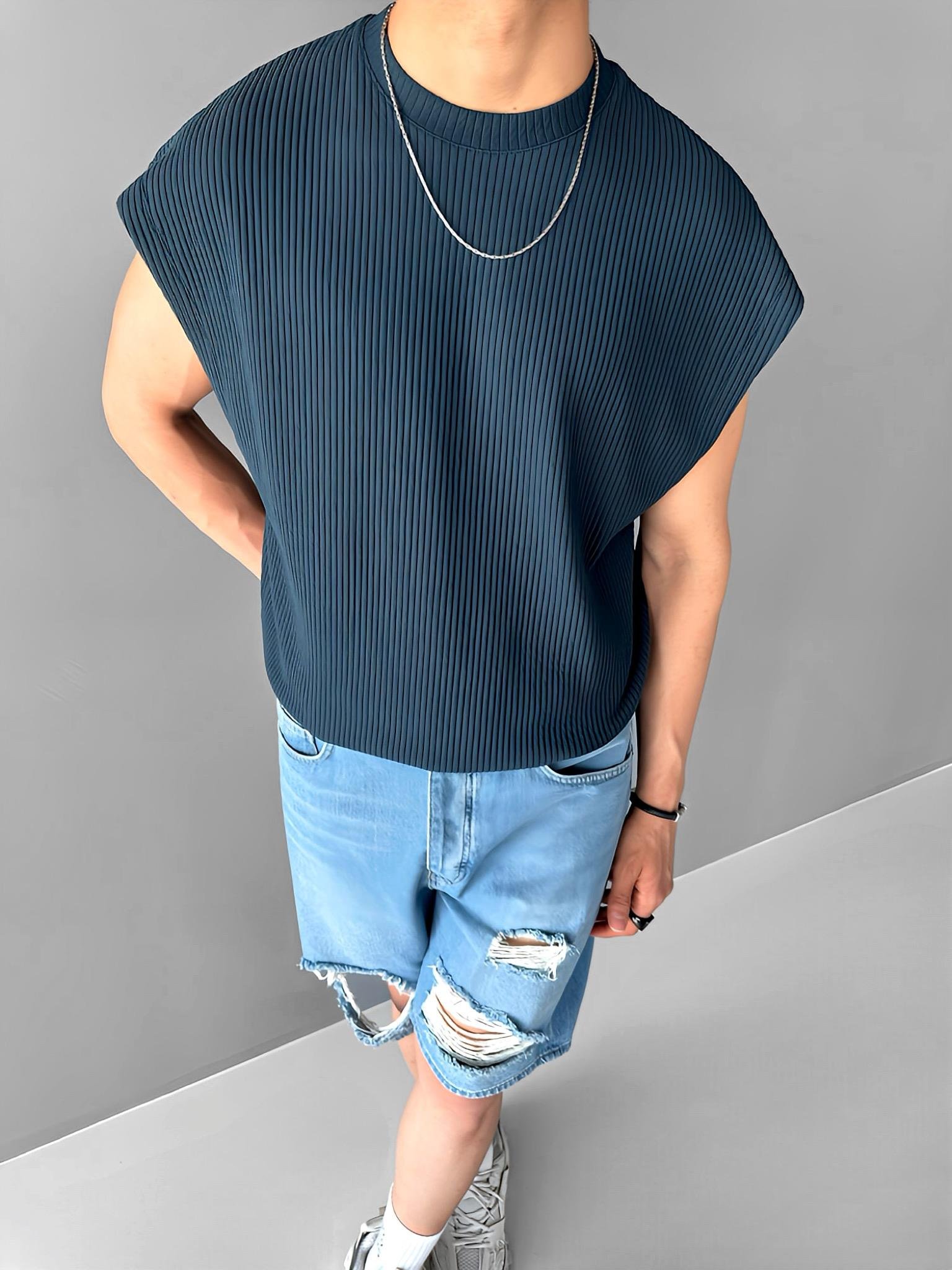 Erkek Oversize Fitilli Kolsuz T-Shirt Petrol Mavi