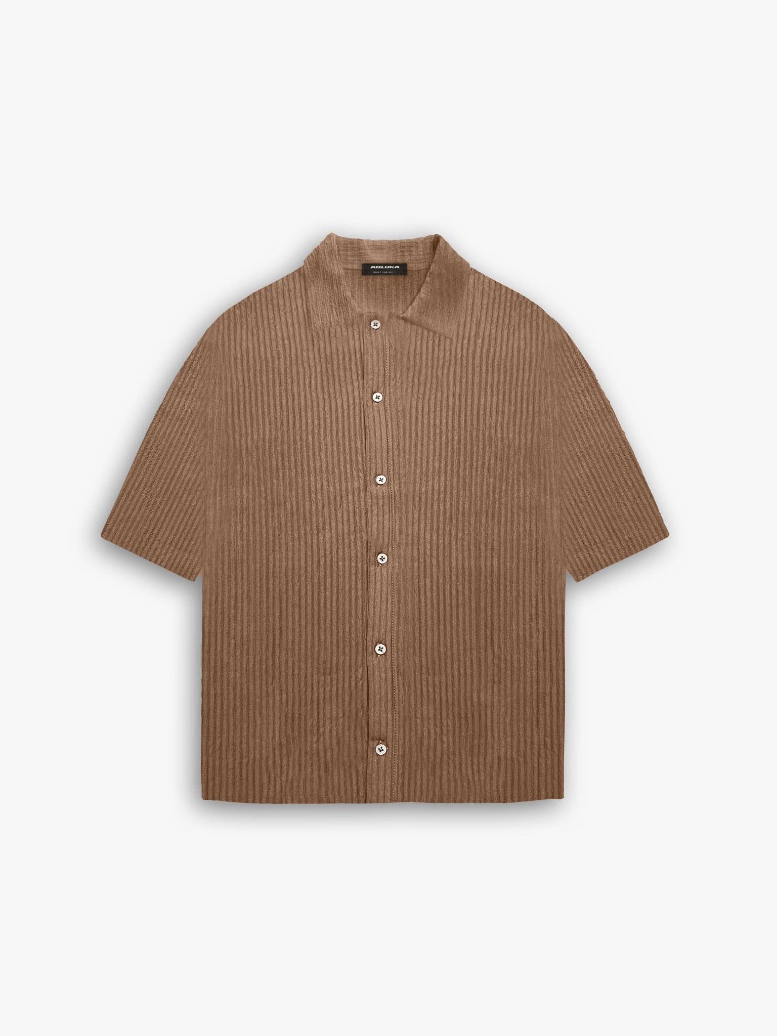 Erkek Oversize Fitilli Küba Yaka Gömlek Kahve