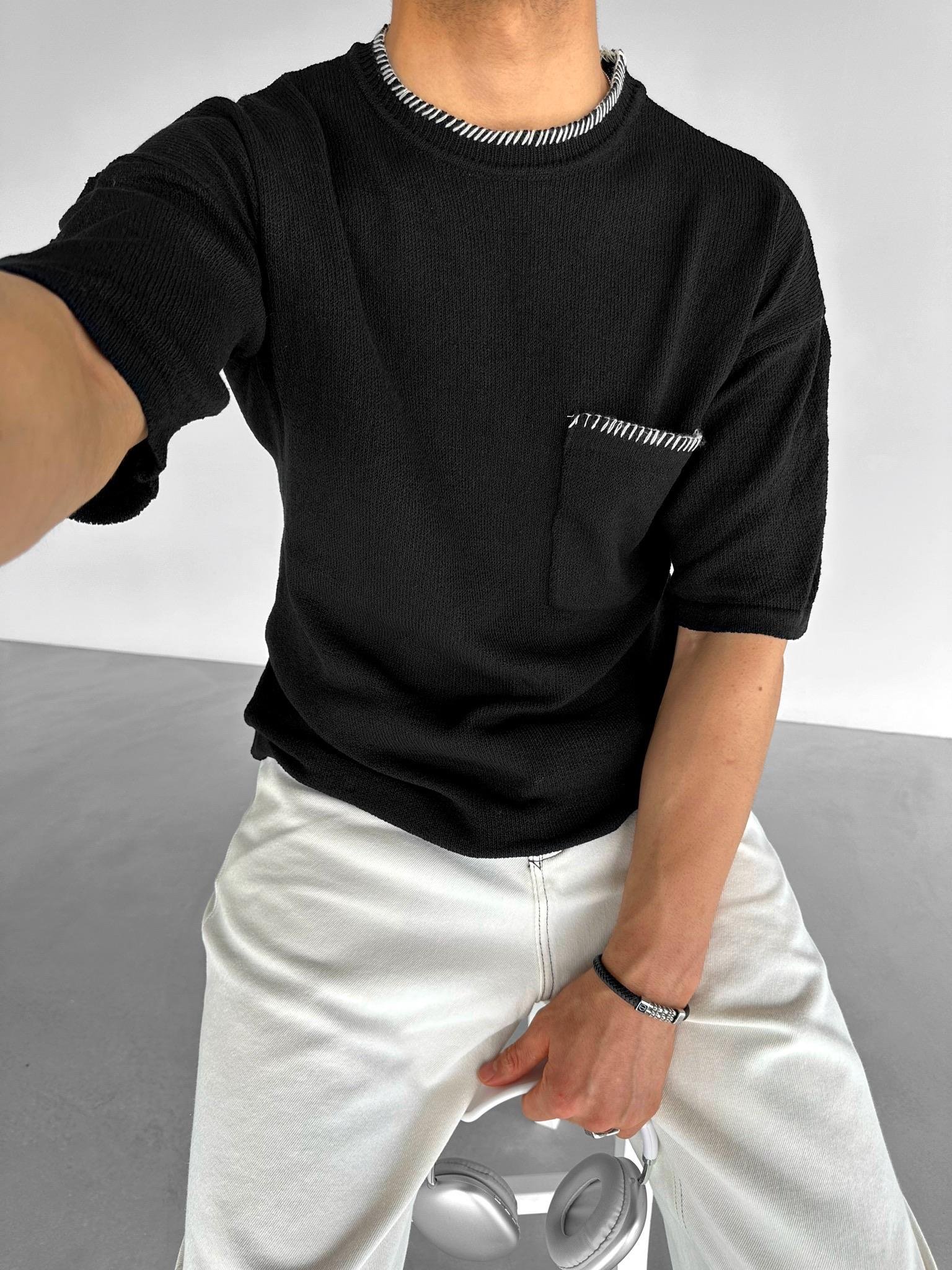 Erkek Oversize Önü Cepli Örme T-Shirt Siyah