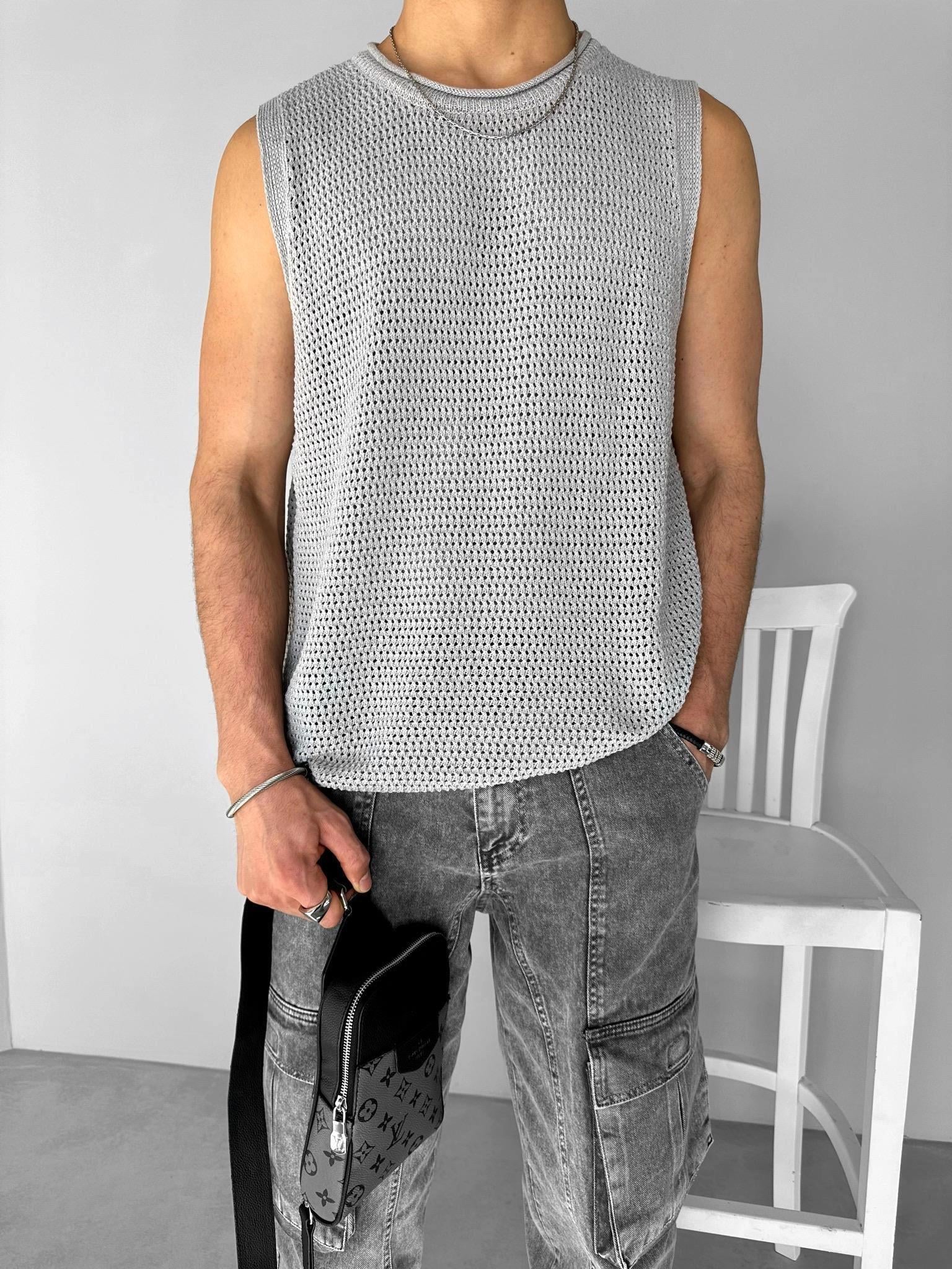 Oversize Örme Sıfır Kol T-shirt Gri