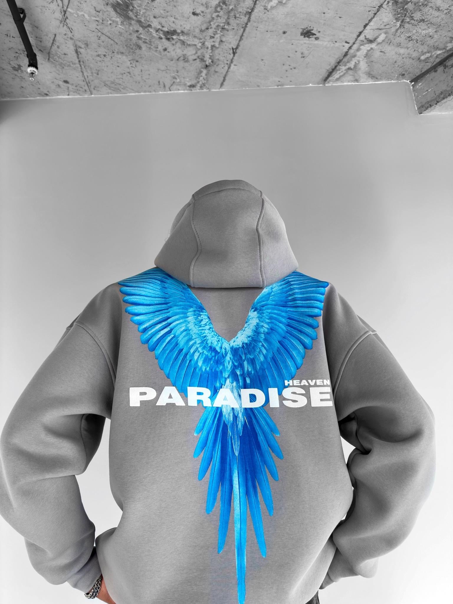 Erkek Oversize Paradise Baskılı Hoodie Gri