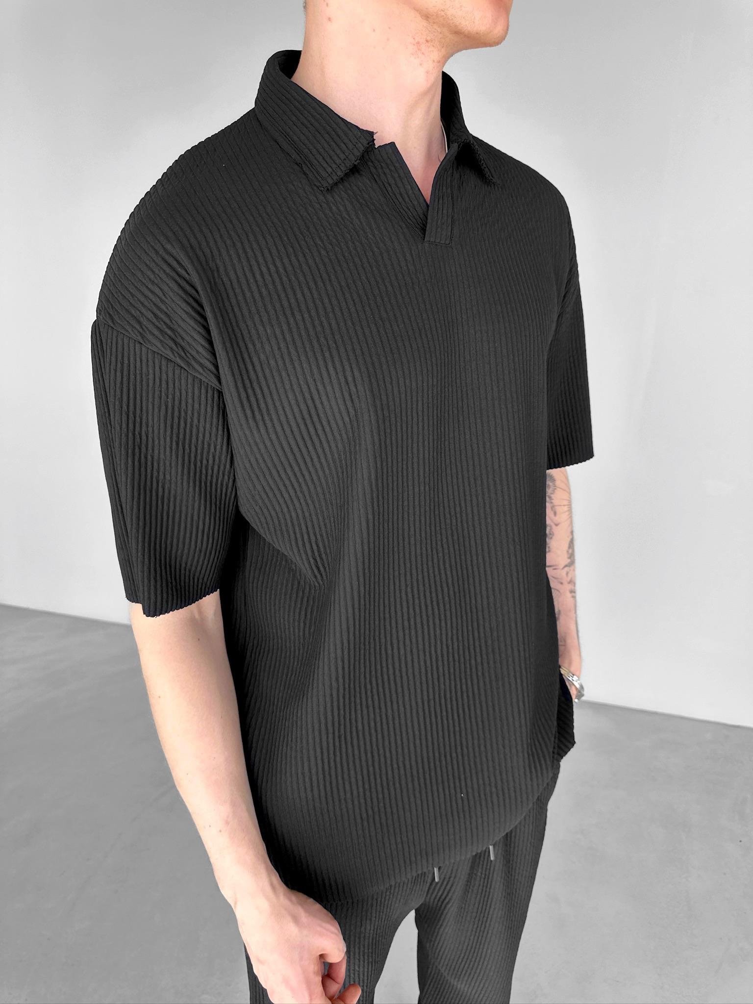 Erkek Oversize Polo Yaka Basic Fitilli T-Shirt Siyah