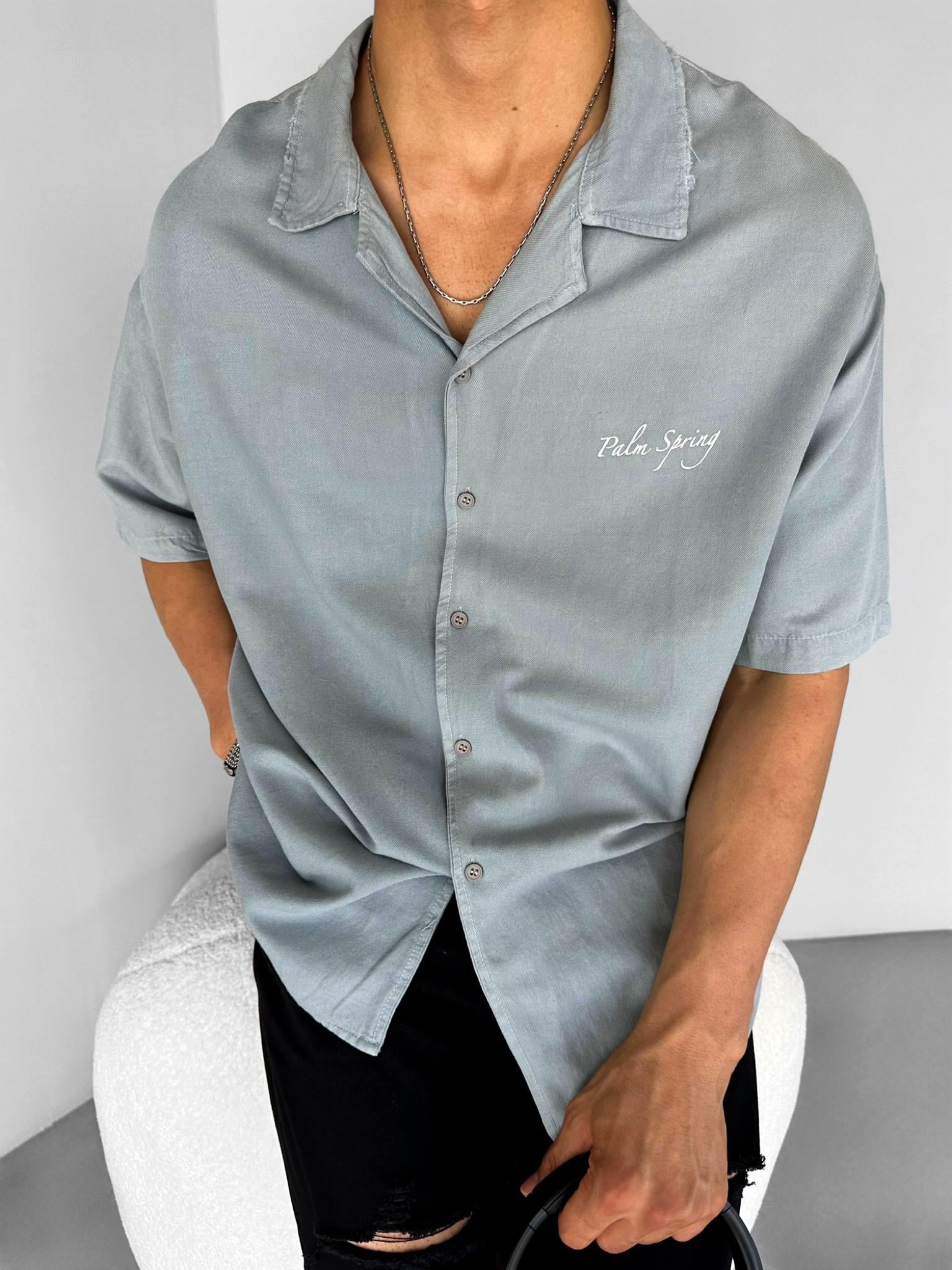 Erkek Oversize Polo Yaka Grafik Baskılı Gömlek Açık Gri