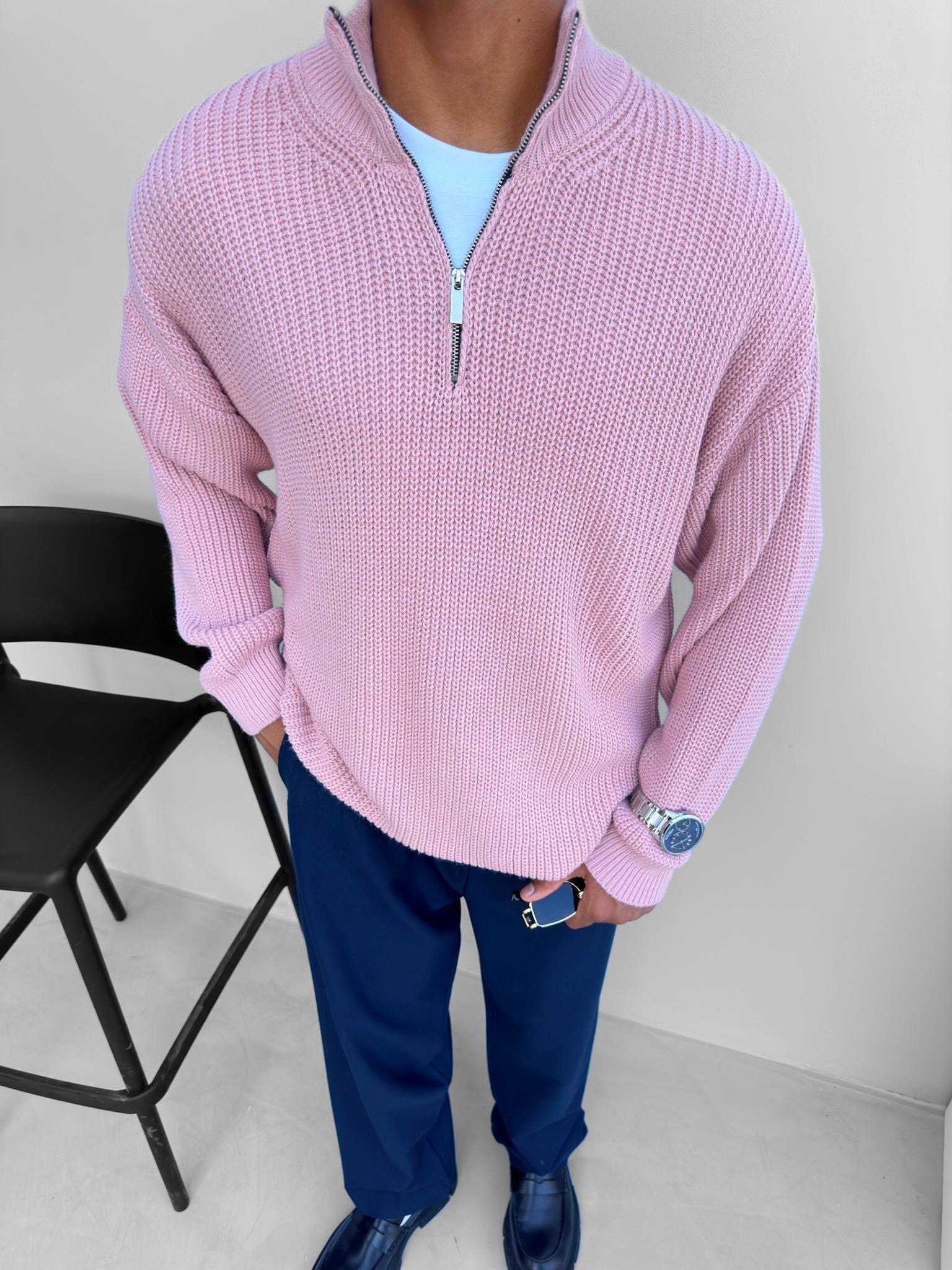 Erkek Oversize Yarım Fermuarlı Kazak Pembe