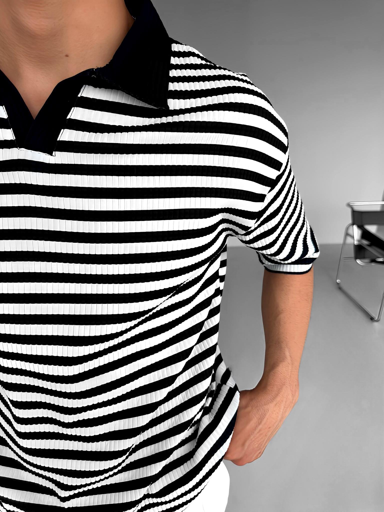 Erkek Oversize Yarım Pat Polo Yaka Çizgili T-Shirt Beyaz - Siyah