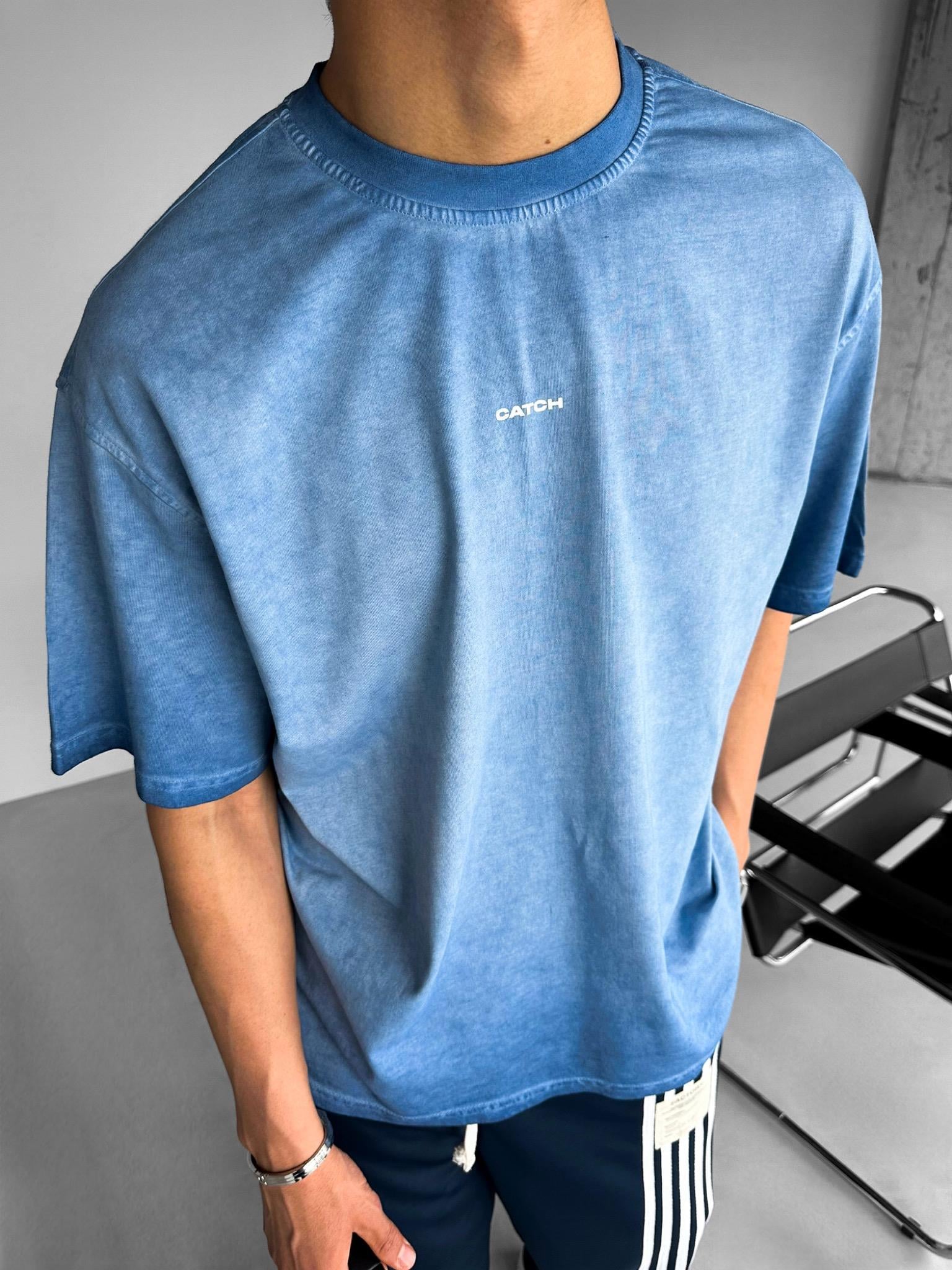 Erkek Oversize Yuvarlak Yaka Yıkamalı Catch T-Shirt Mavi