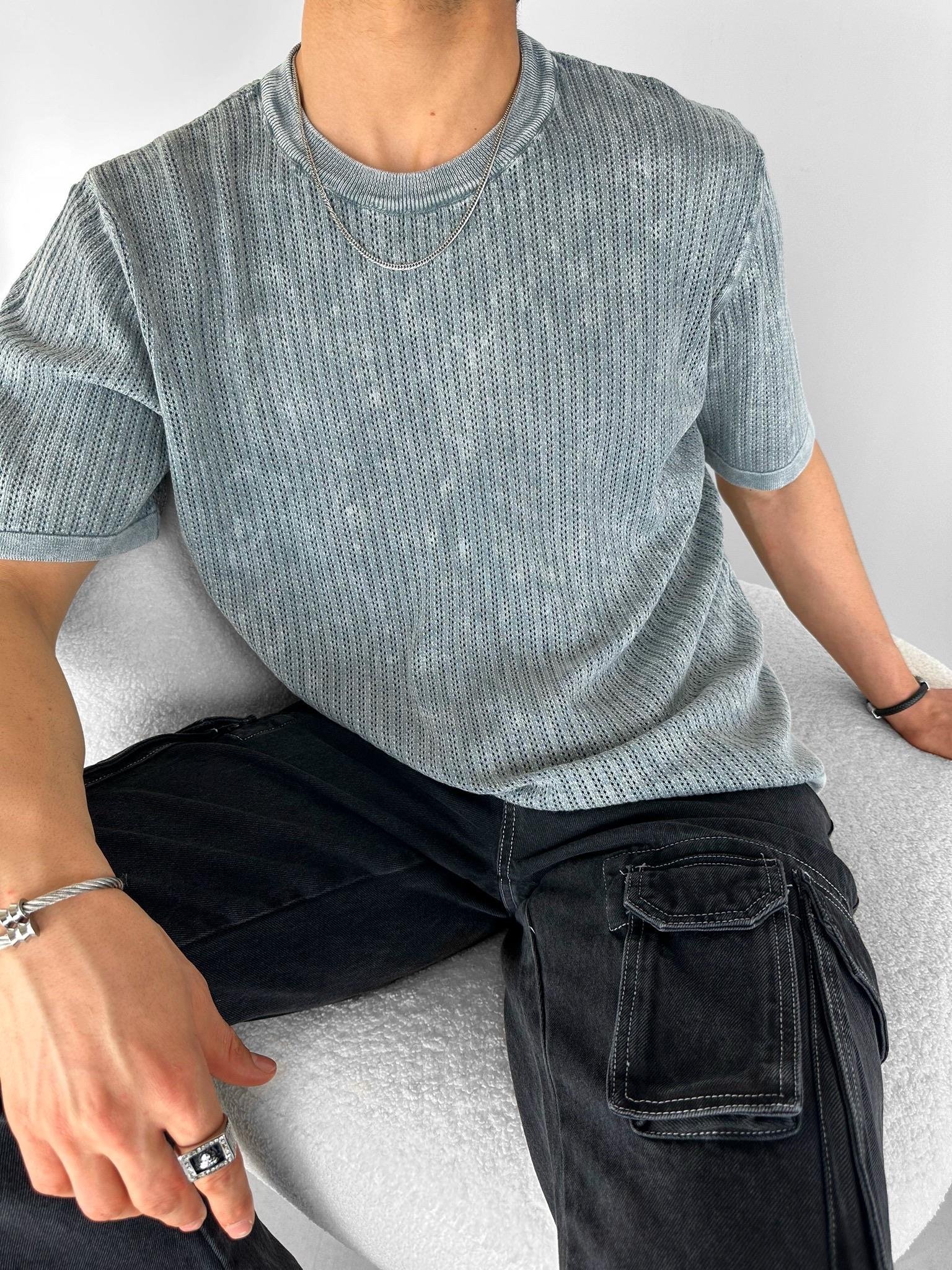 Erkek Pamuklu Dokulu Esnek Yıkama Görünümlü Triko T-Shirt Gri