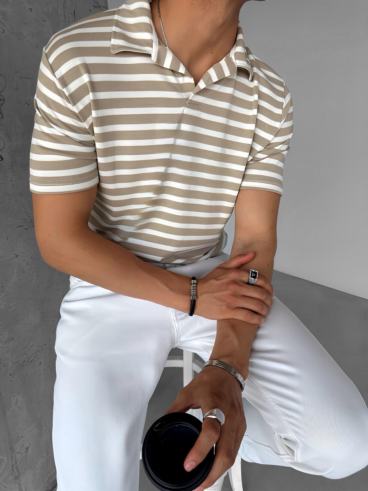 Erkek Polo Yaka Çizgili Rahat T-Shirt Bej