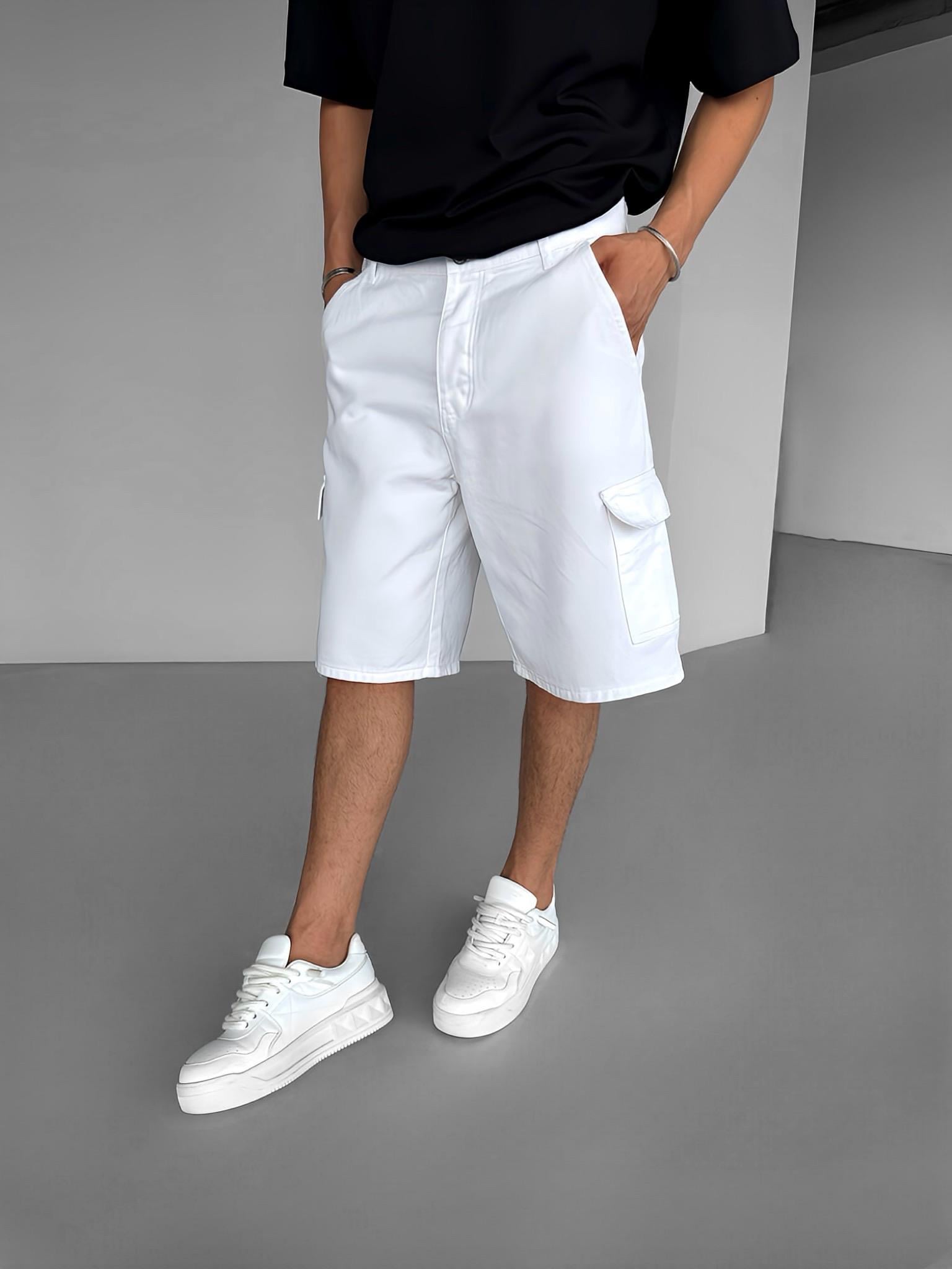 Erkek Süper Baggy Fit Kargo Cepli Şort Beyaz