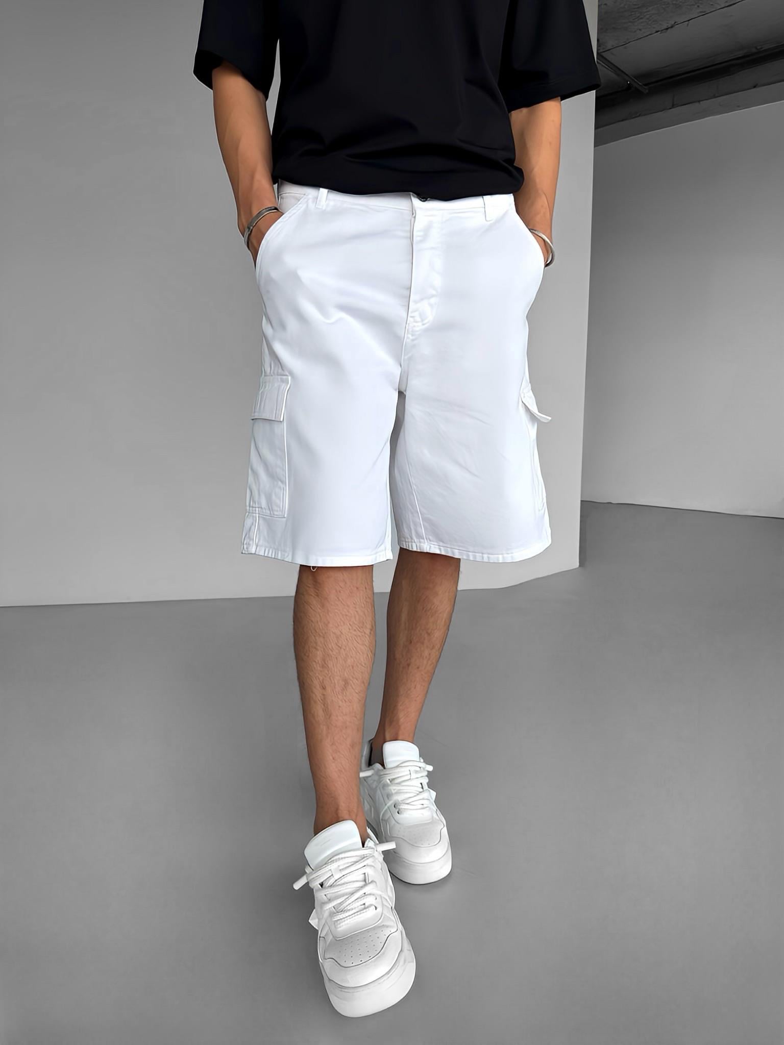 Erkek Süper Baggy Fit Kargo Cepli Şort Beyaz