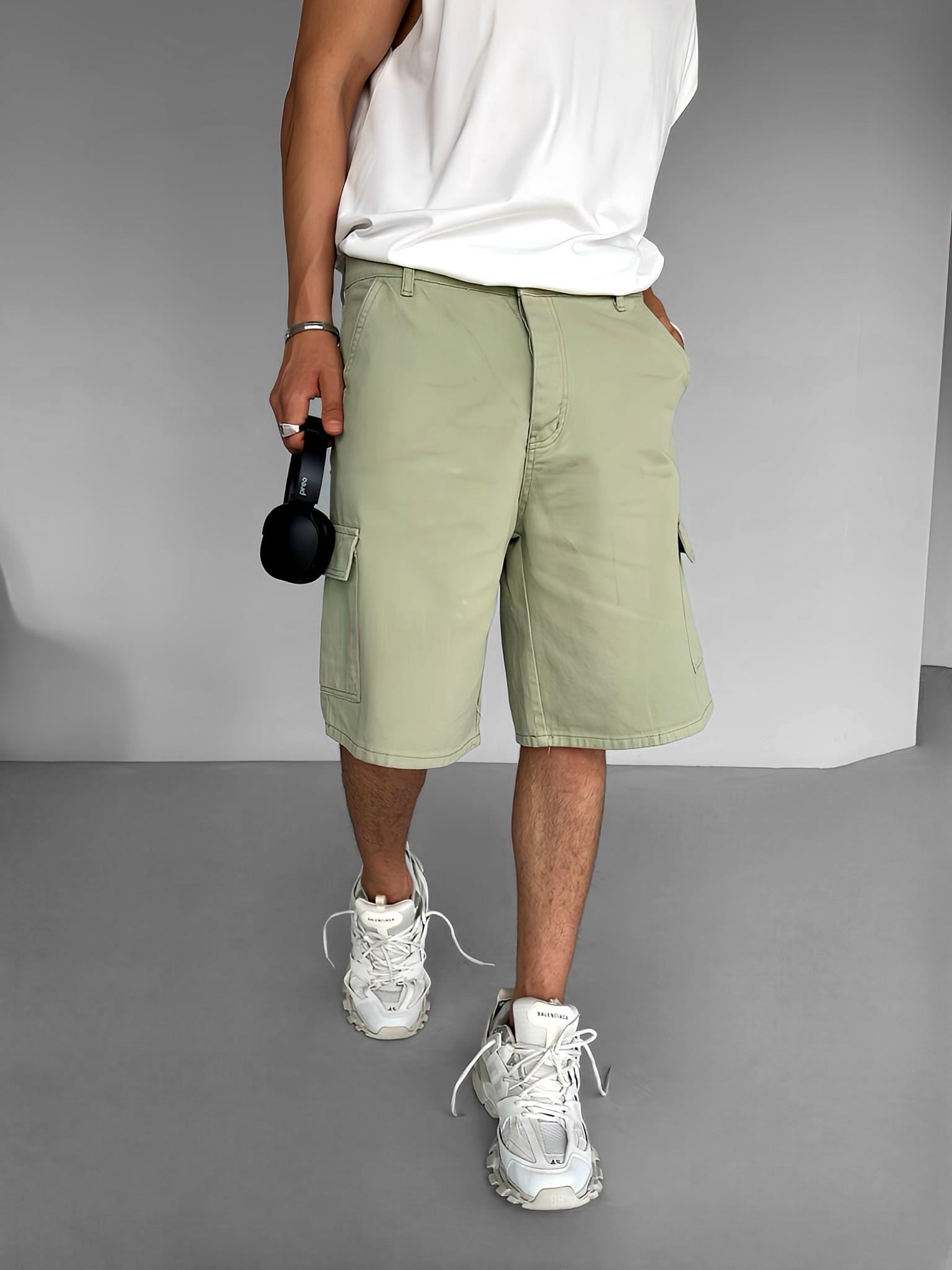 Erkek Süper Baggy Fit Kargo Cepli Şort Yeşil