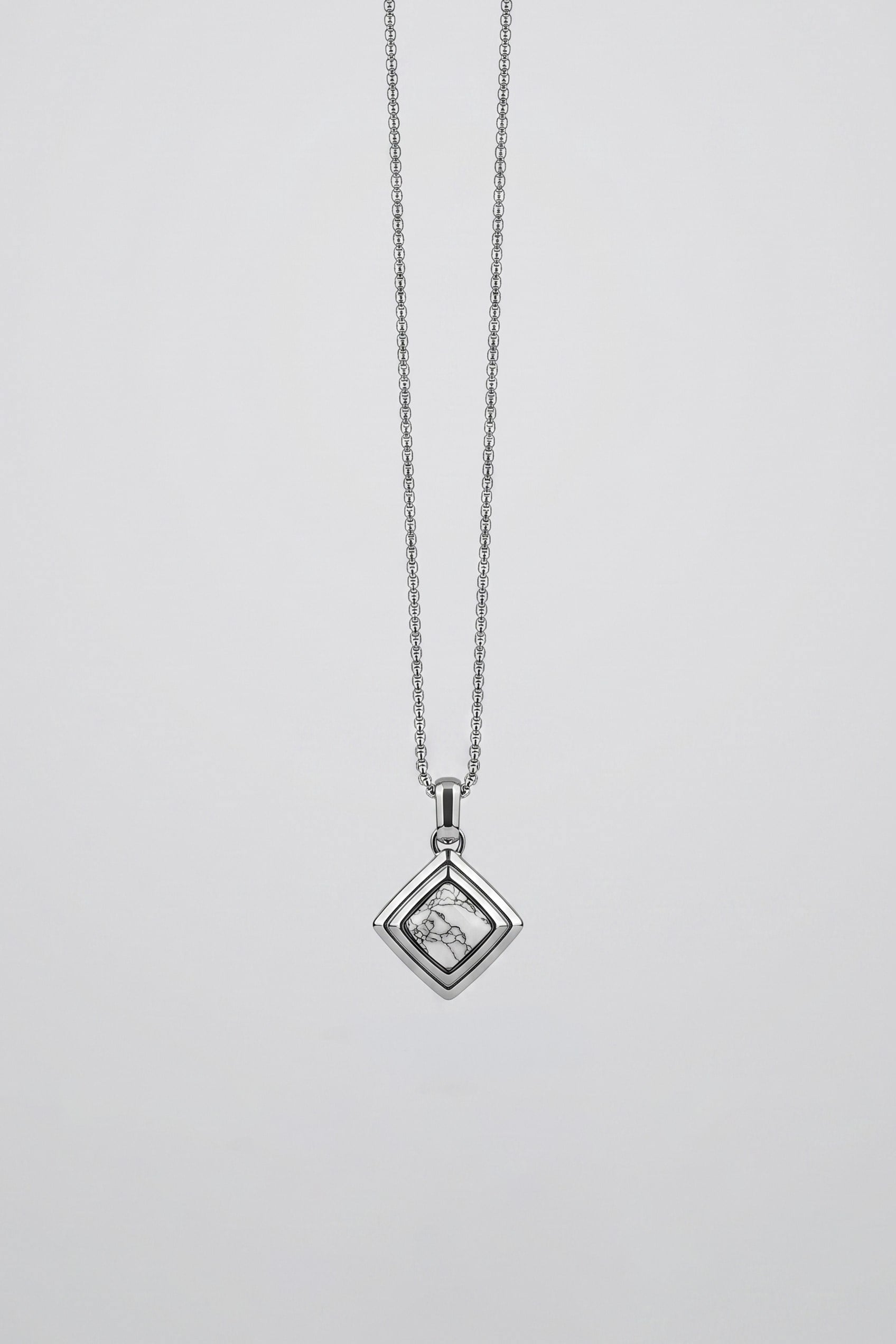 Unisex Minimal Mermer Desenli Taşlı Geometrik Çelik Kolye Gümüş