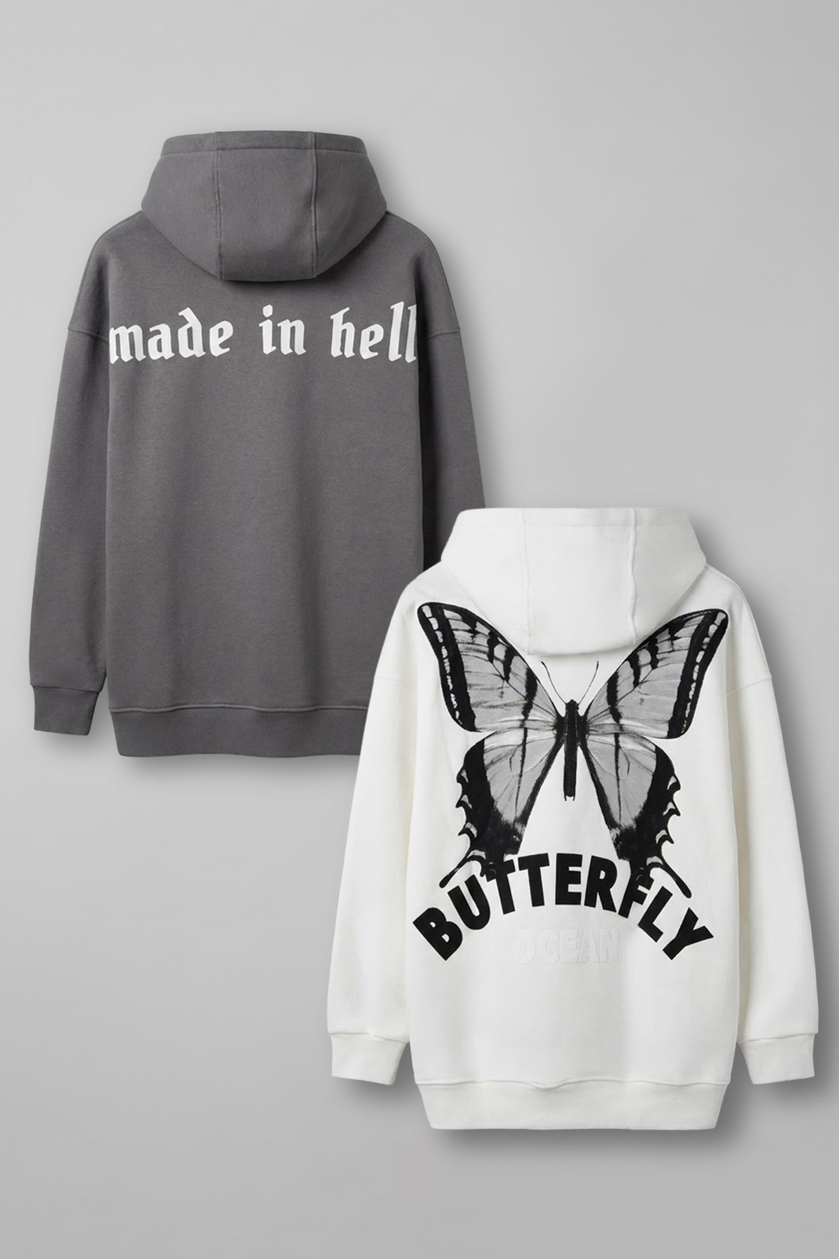 Unisex Oversize 3 İplik Kapüşonlu Baskılı 2’li Sweatshirt Gri-Beyaz