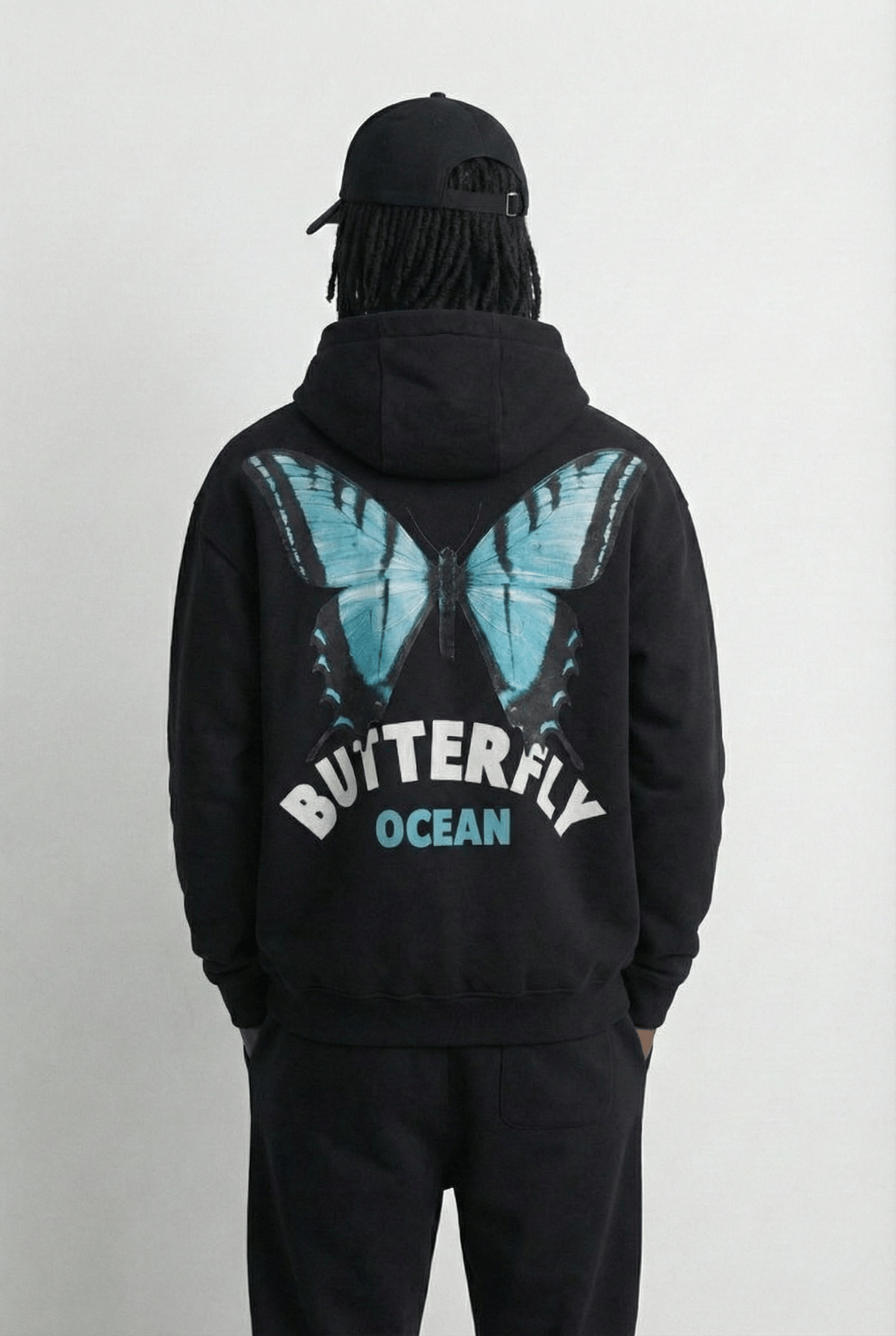 Unisex Oversize Kelebek Baskılı Kalın Kapüşonlu Sweatshirt Siyah