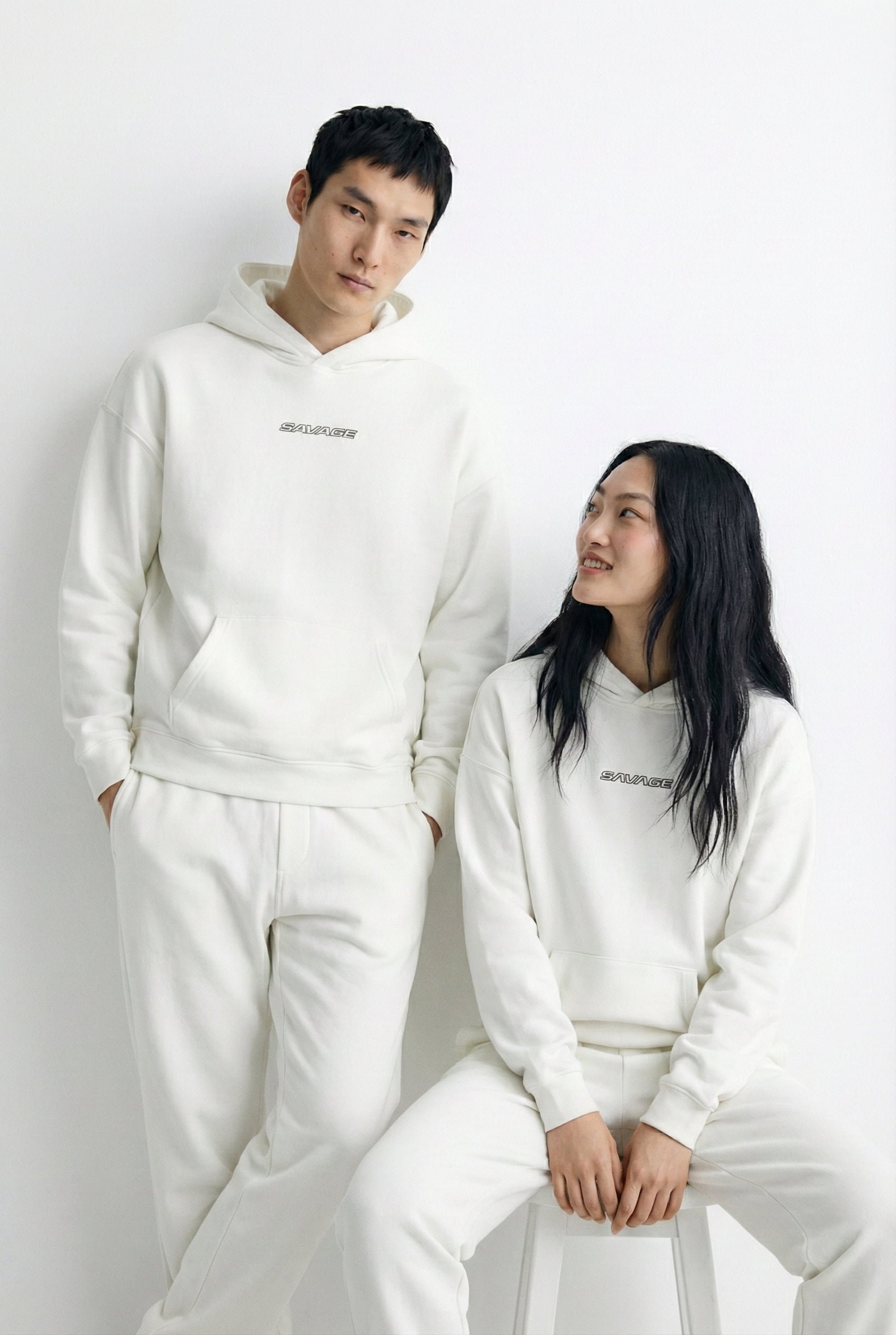 Unisex Oversize Savage Grafik Baskılı Kalın Kapüşonlu Sweatshirt Ekru