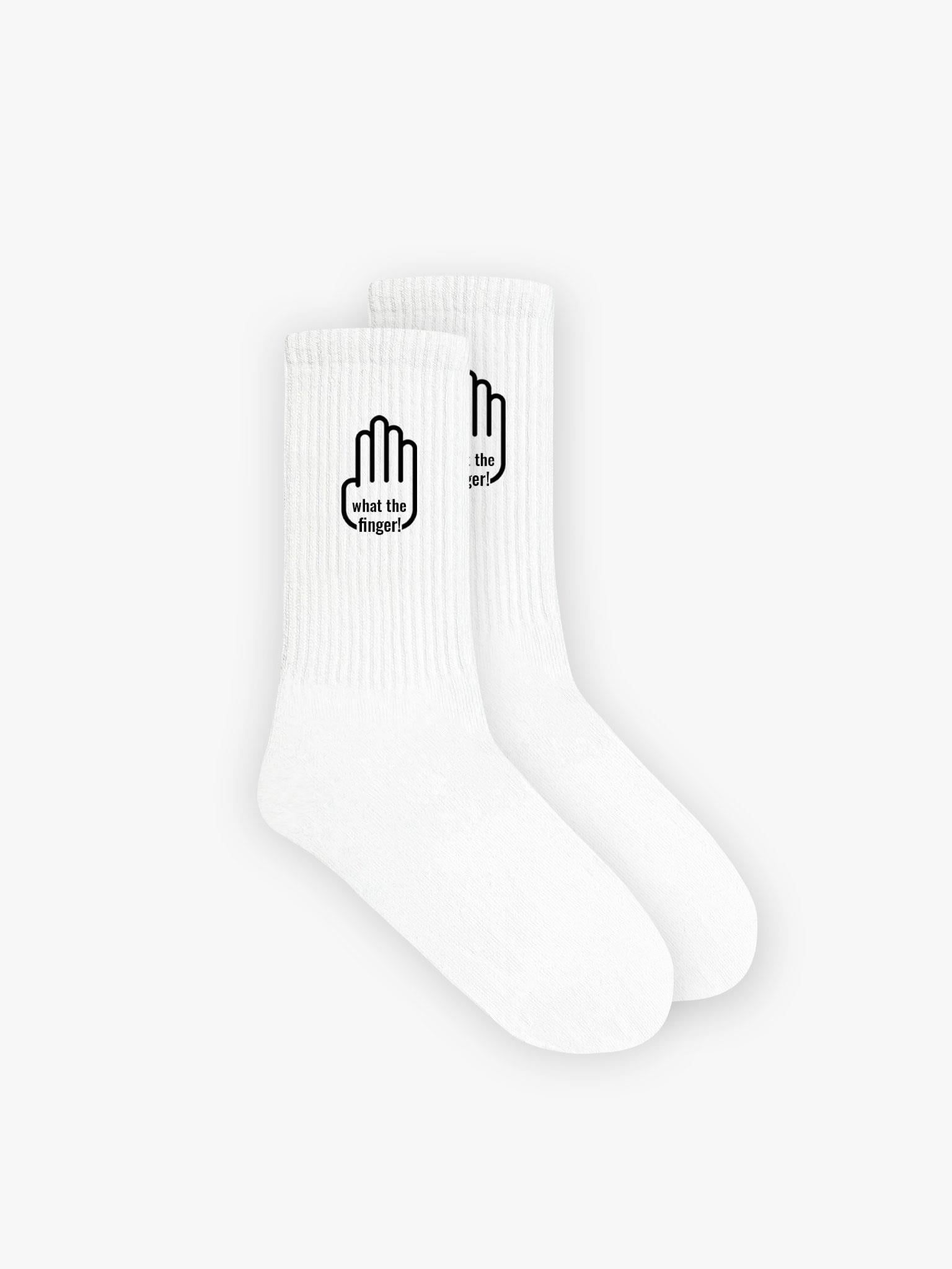 Unisex 'What The Finger' Baskılı Çorap Beyaz