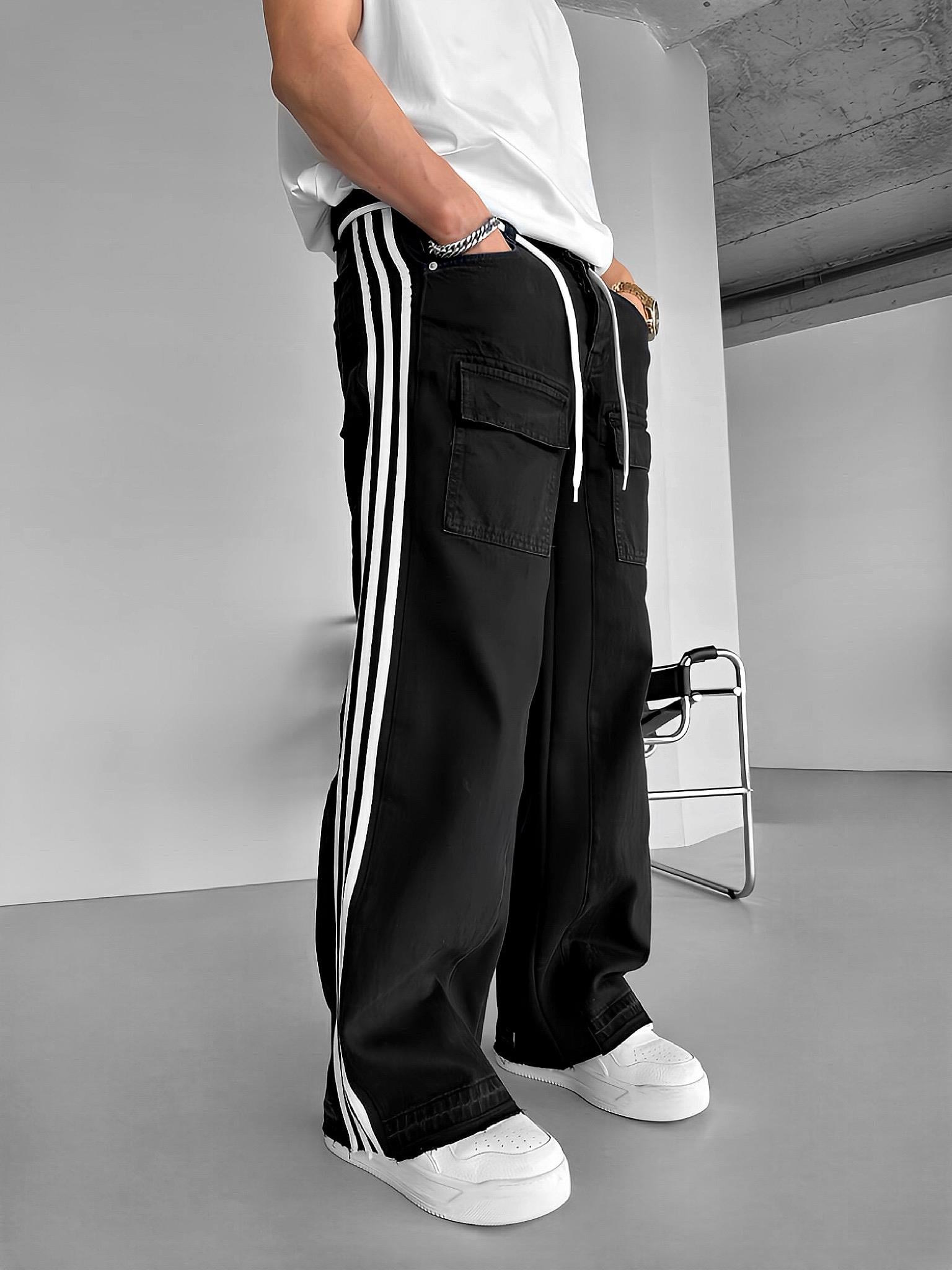 Baggy Cepli Çizgili Jean Pantolon Siyah