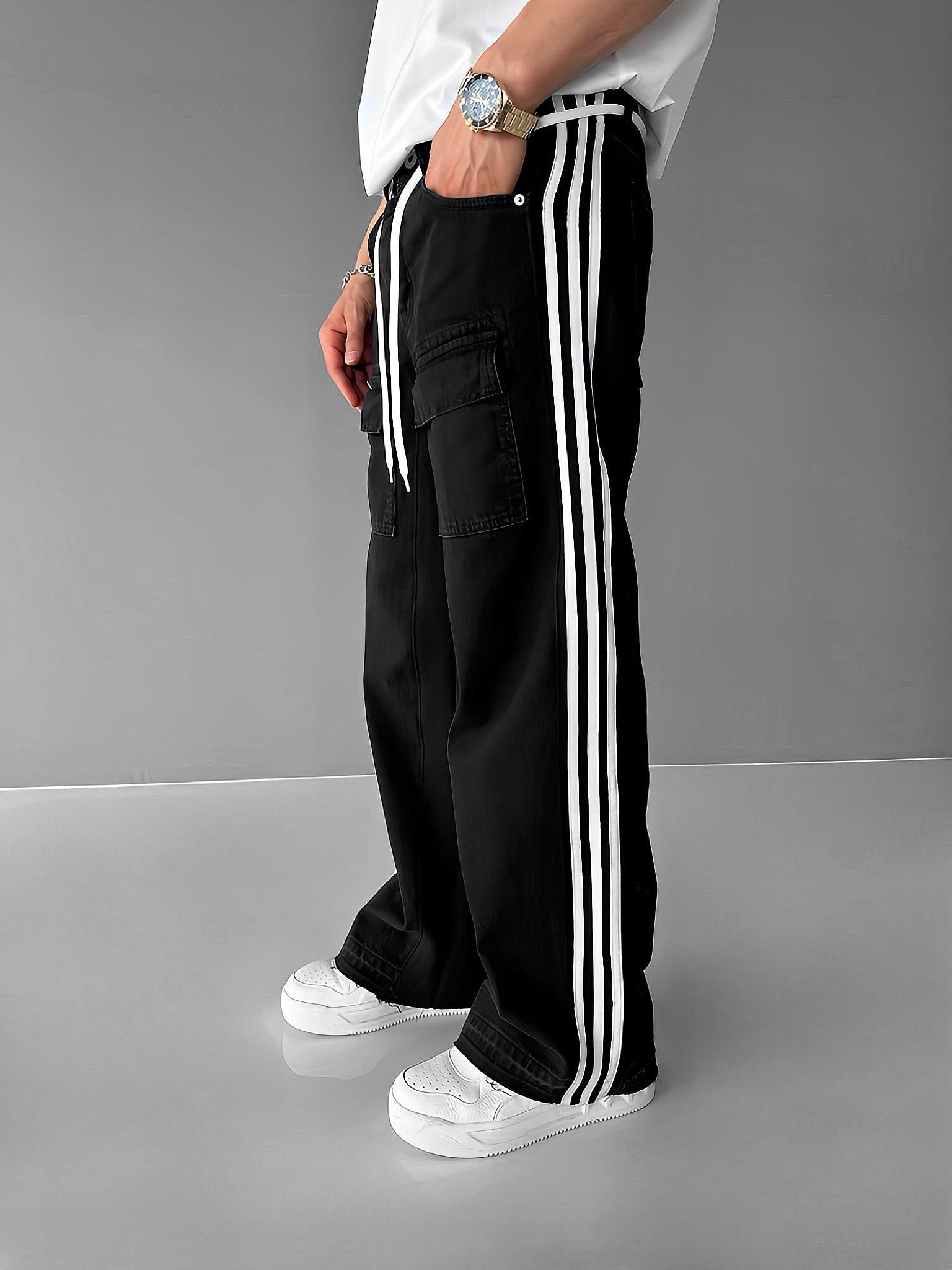 Baggy Cepli Çizgili Jean Pantolon Siyah