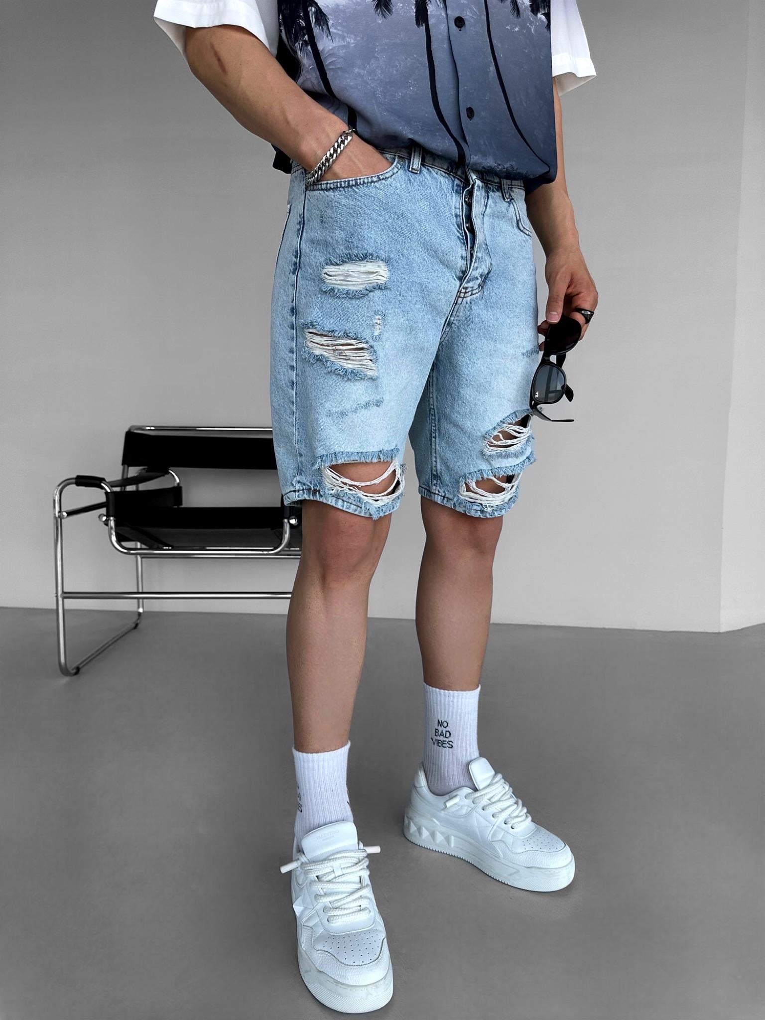 Baggy Distressed Jean Şort Açık Mavi