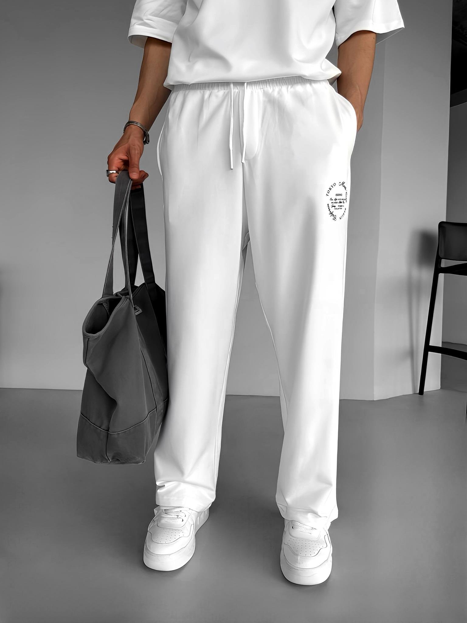 Baggy Fit Baskılı Pamuklu Esnek Yazlık Arka Cepli Eşofman Beyaz