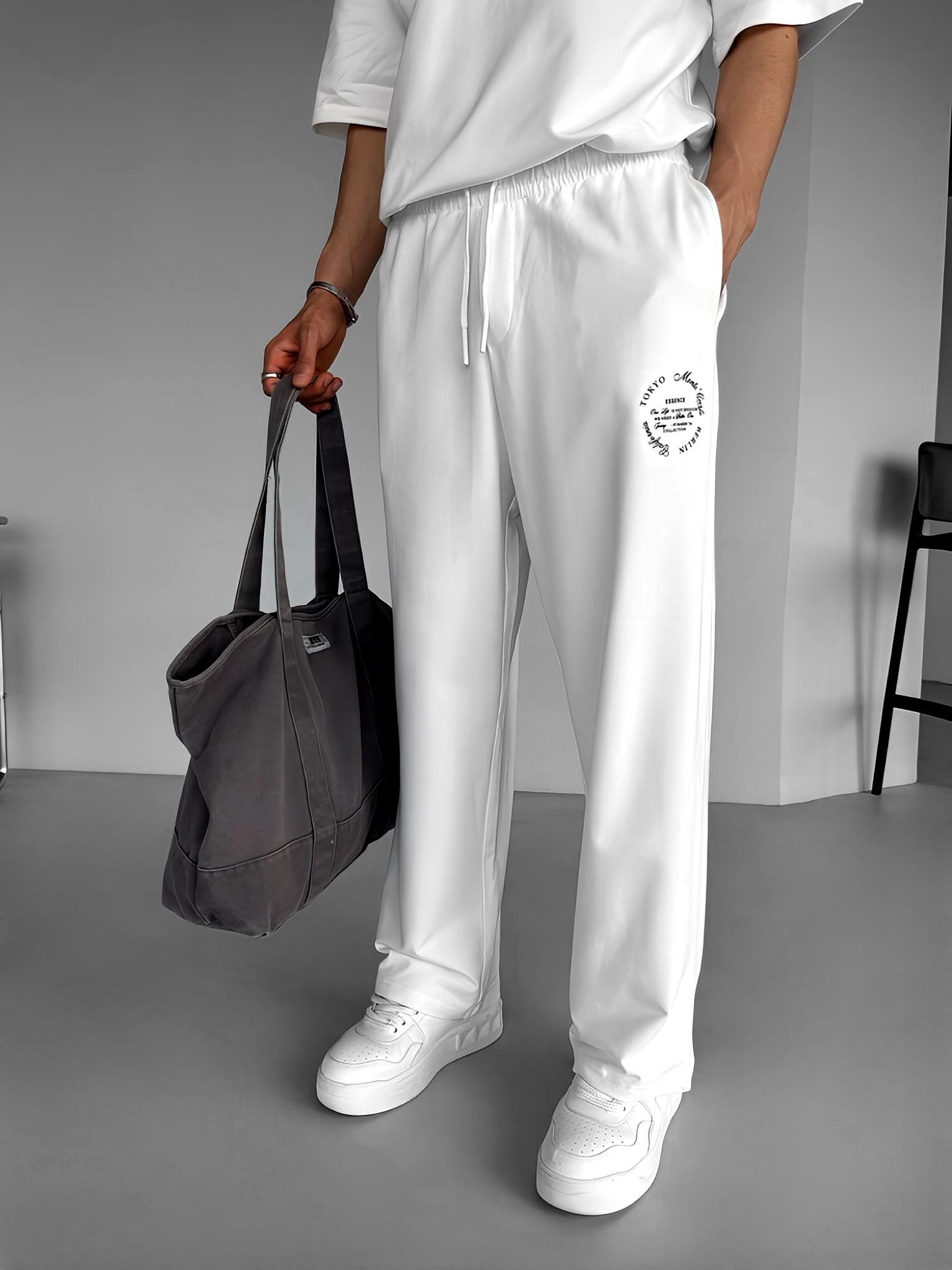 Baggy Fit Baskılı Pamuklu Esnek Yazlık Arka Cepli Eşofman Beyaz