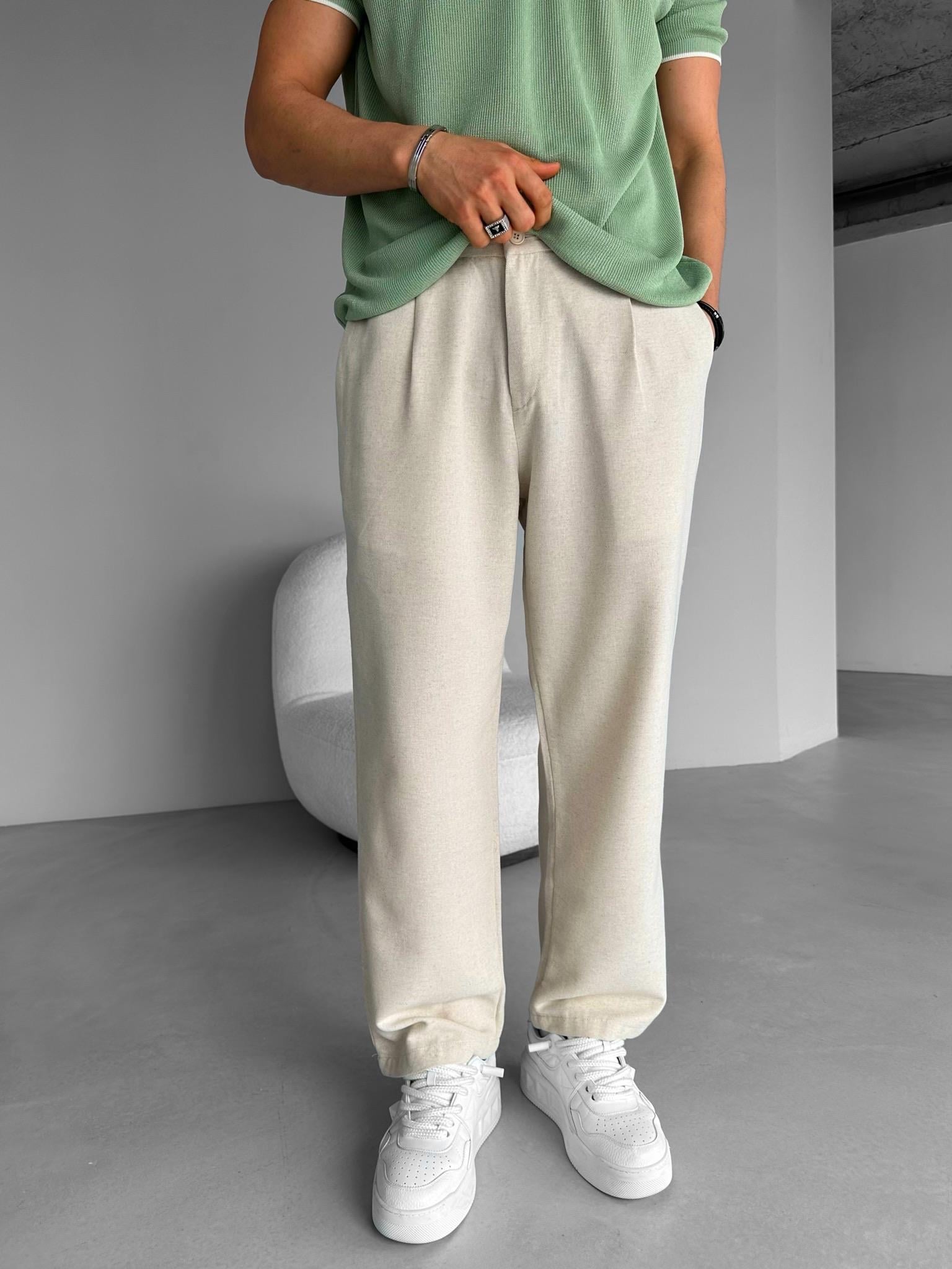 Baggy Fit Beli Lastikli Pileli Kumaş Pantolon Ekru