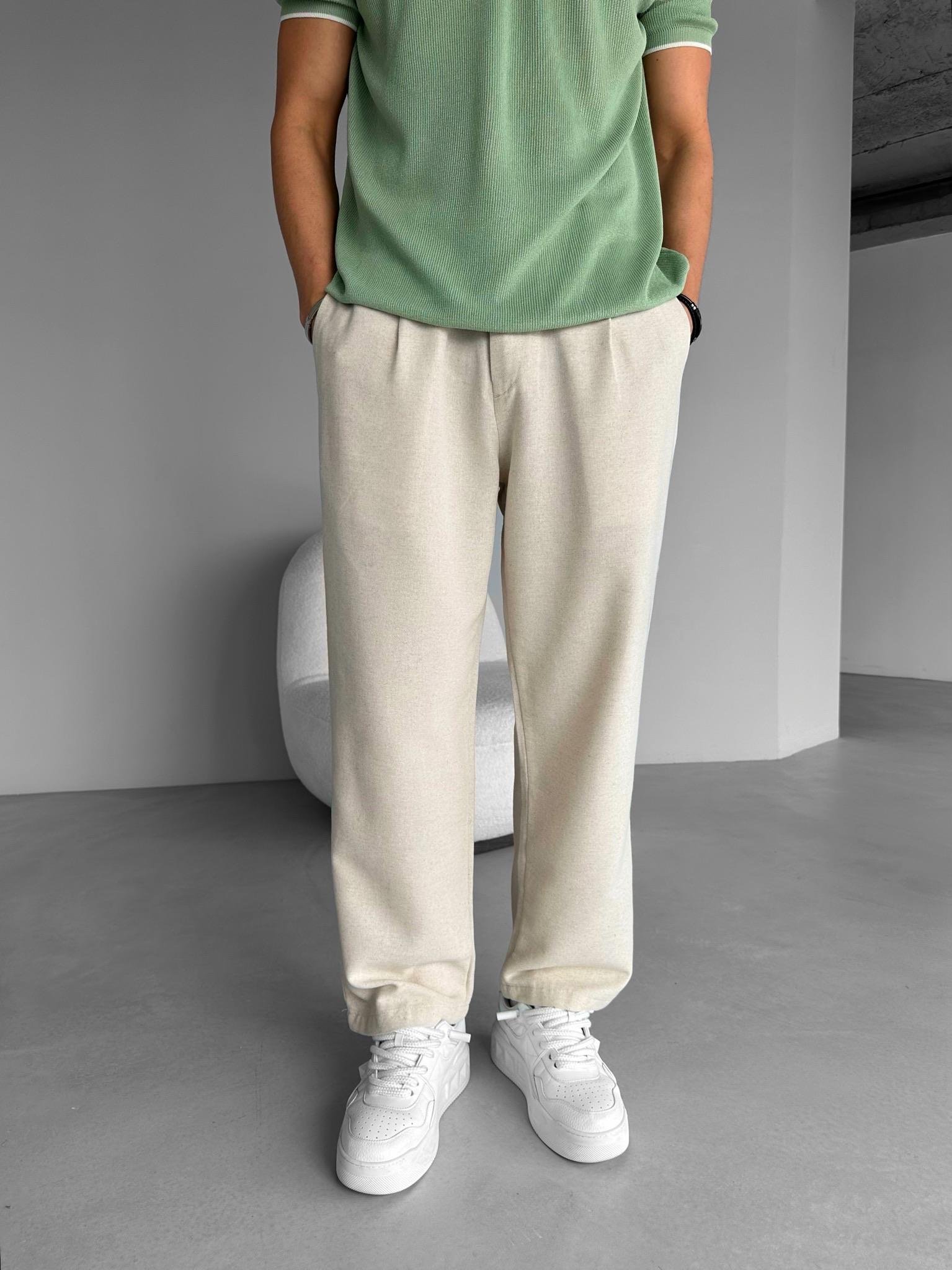 Baggy Fit Beli Lastikli Pileli Kumaş Pantolon Ekru