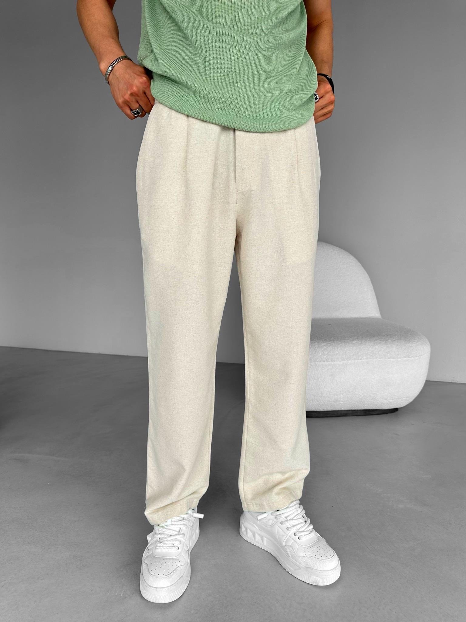 Baggy Fit Beli Lastikli Pileli Kumaş Pantolon Ekru