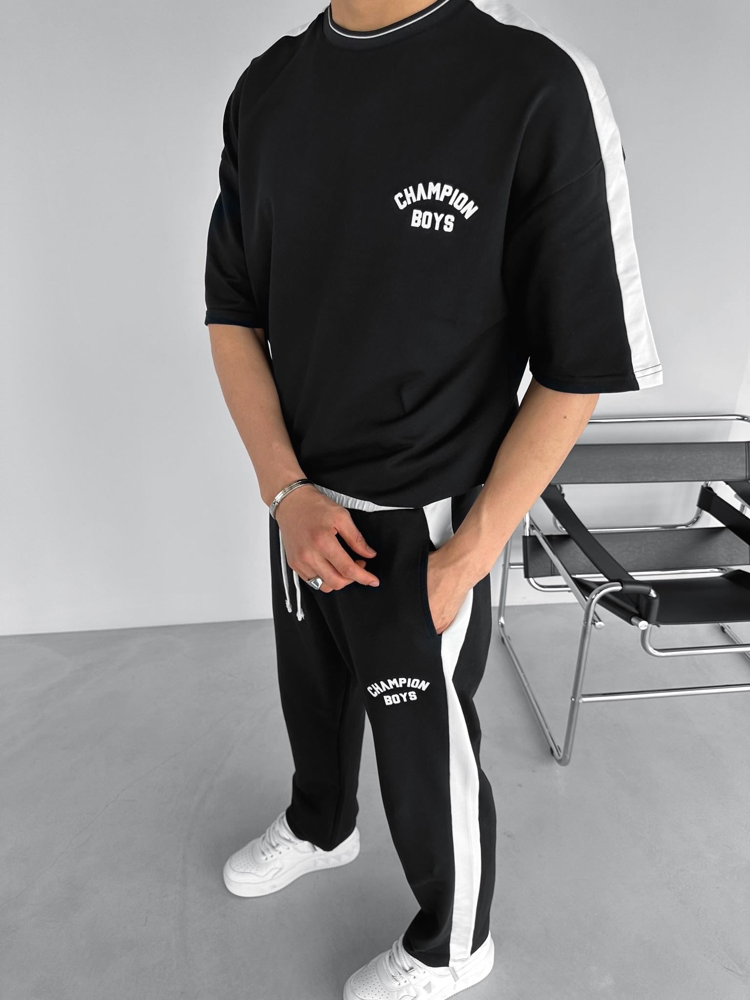 Baggy Fit 'Champion Boys' Baskılı Çizgili Eşofman Siyah
