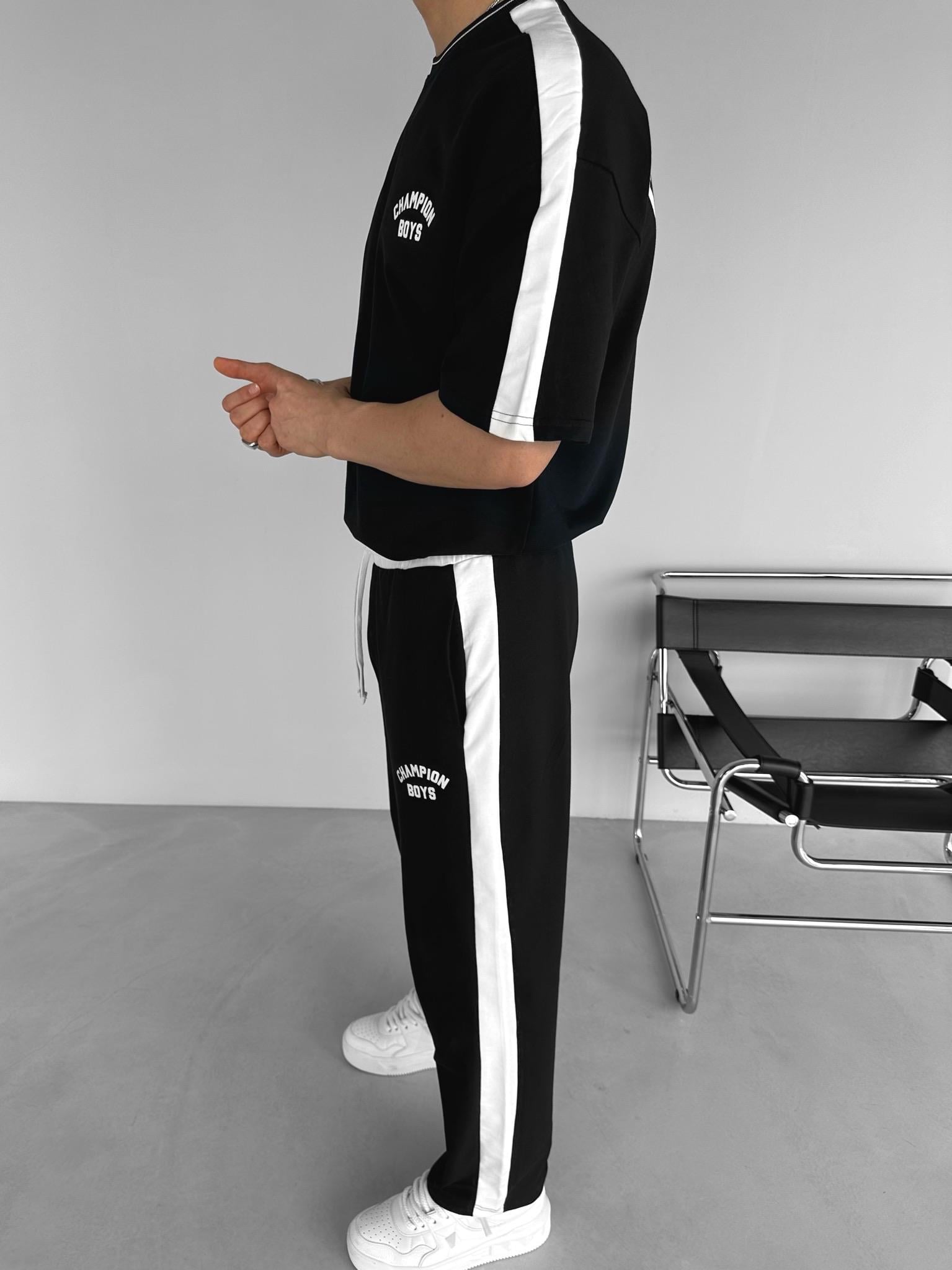Baggy Fit 'Champion Boys' Baskılı Çizgili Eşofman Siyah